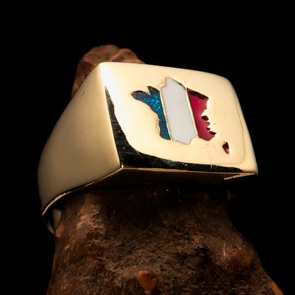Stylish French Flag Ring made of polished brass, square-shaped, designed for men to wear as a pinky ring.