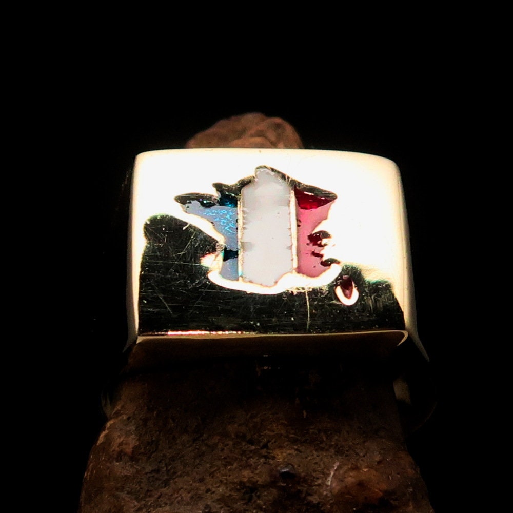Stylish French Flag Ring made of polished brass, square-shaped, designed for men to wear as a pinky ring.