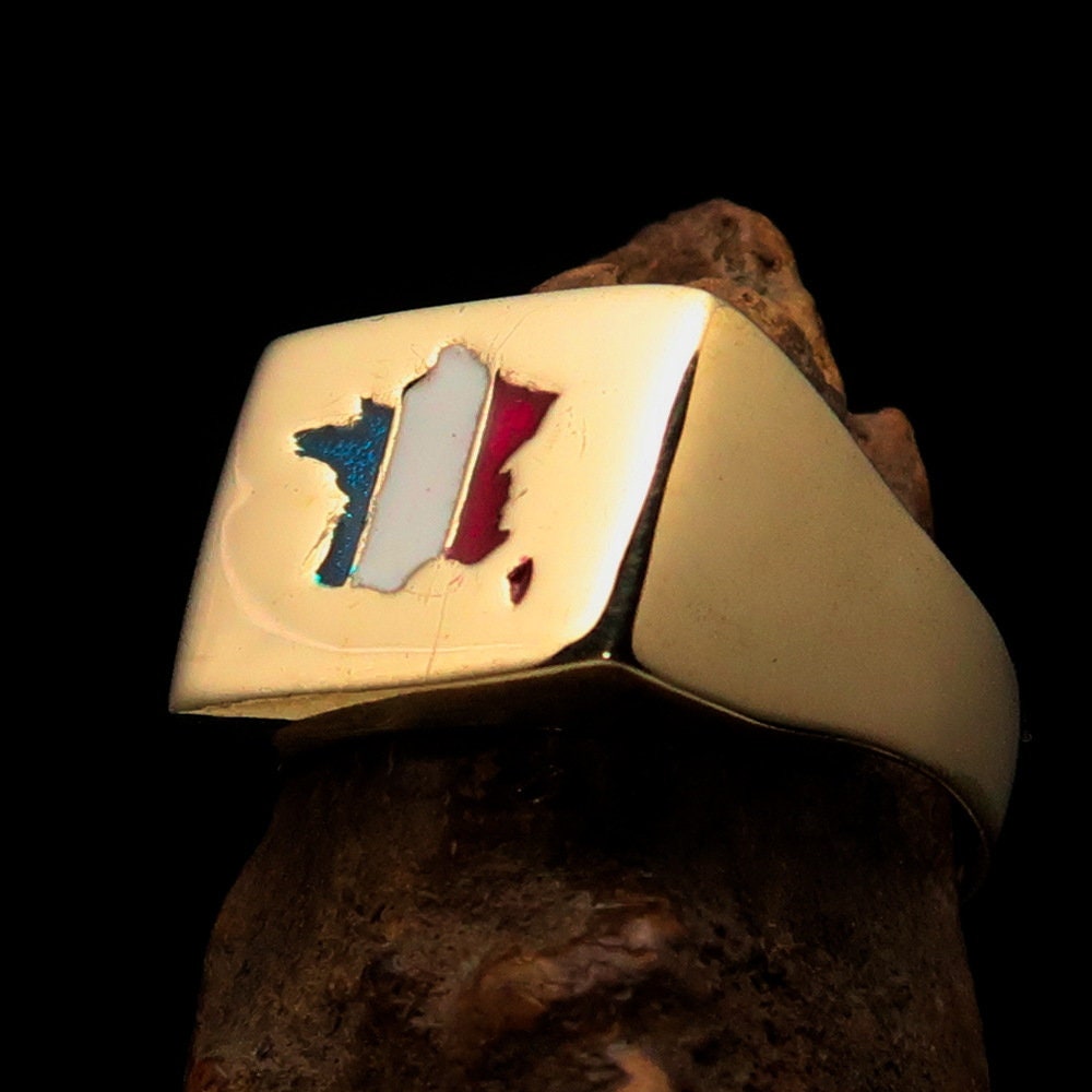 Stylish French Flag Ring made of polished brass, square-shaped, designed for men to wear as a pinky ring.