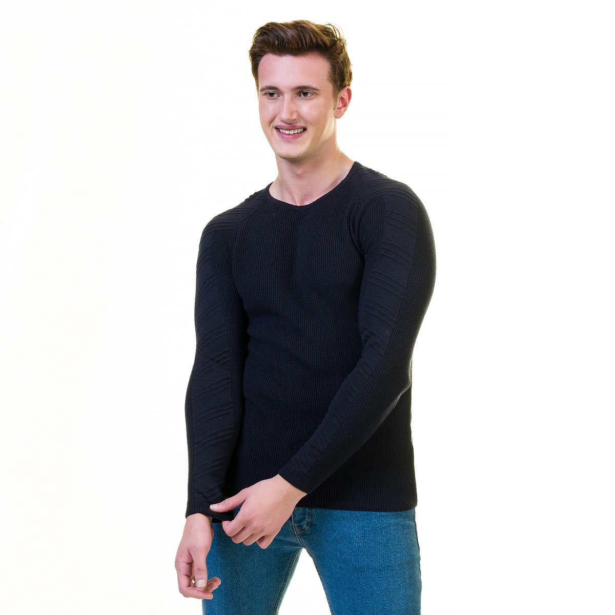 Full Black Wool Luxury Zippered Sweater Jacket with hoodie, showcasing its elegant design and high-quality fabric.