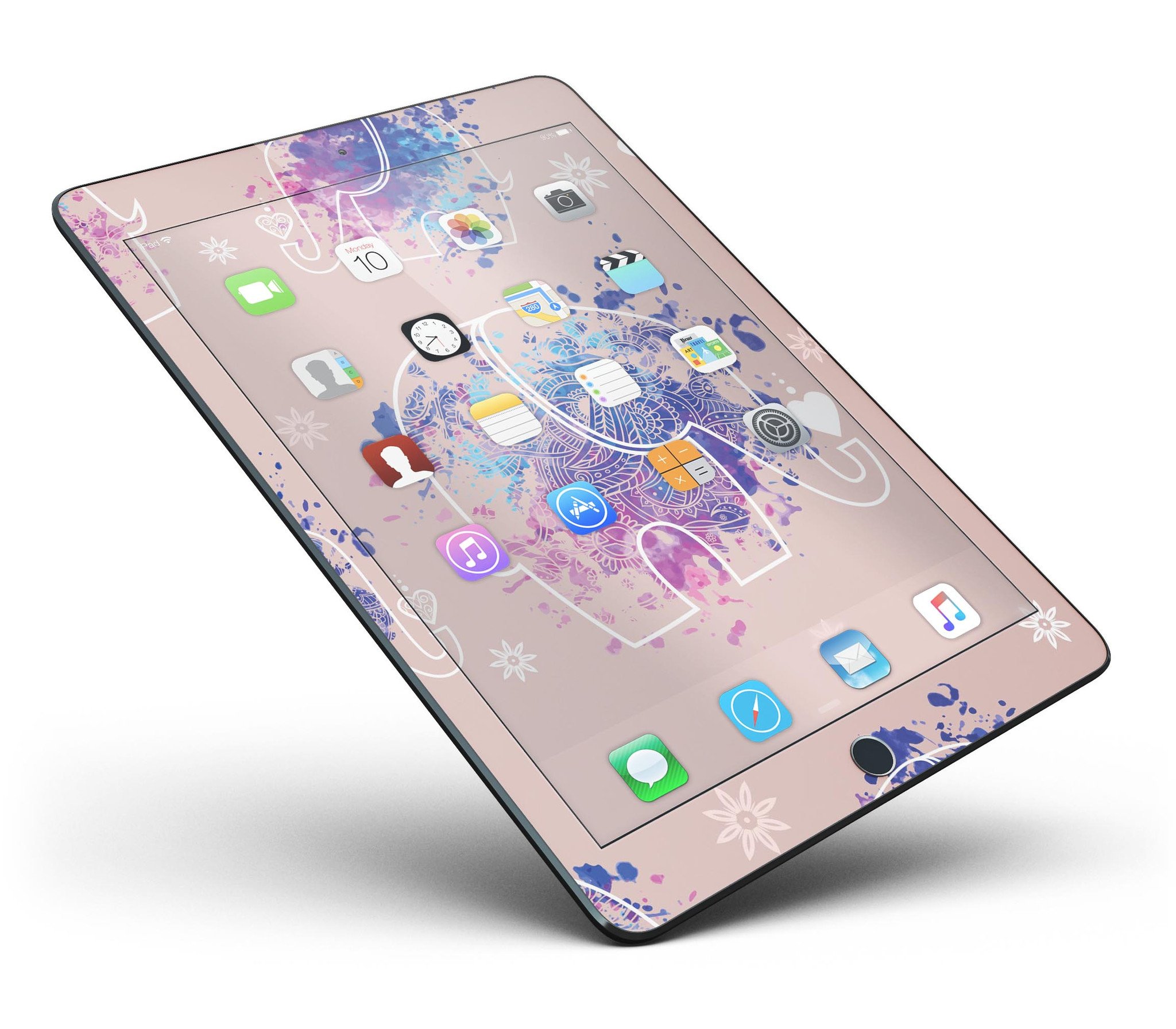 Fun Sacred Elephants Full Body Skin for iPad Pro, showcasing vibrant elephant designs on a premium vinyl material.