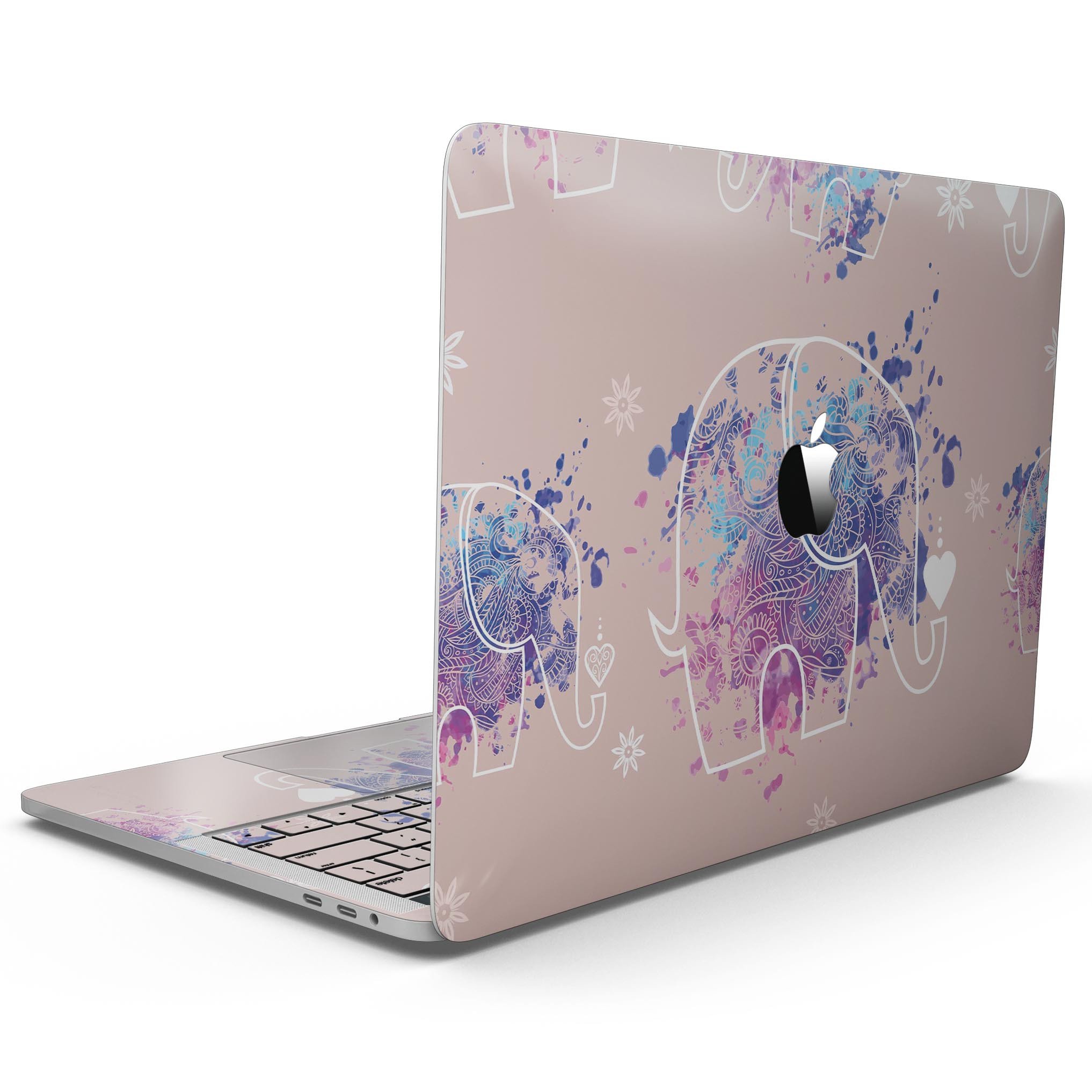 Fun Sacred Elephants skin kit for MacBook Pro with Touch Bar, featuring vibrant elephant designs on premium vinyl.
