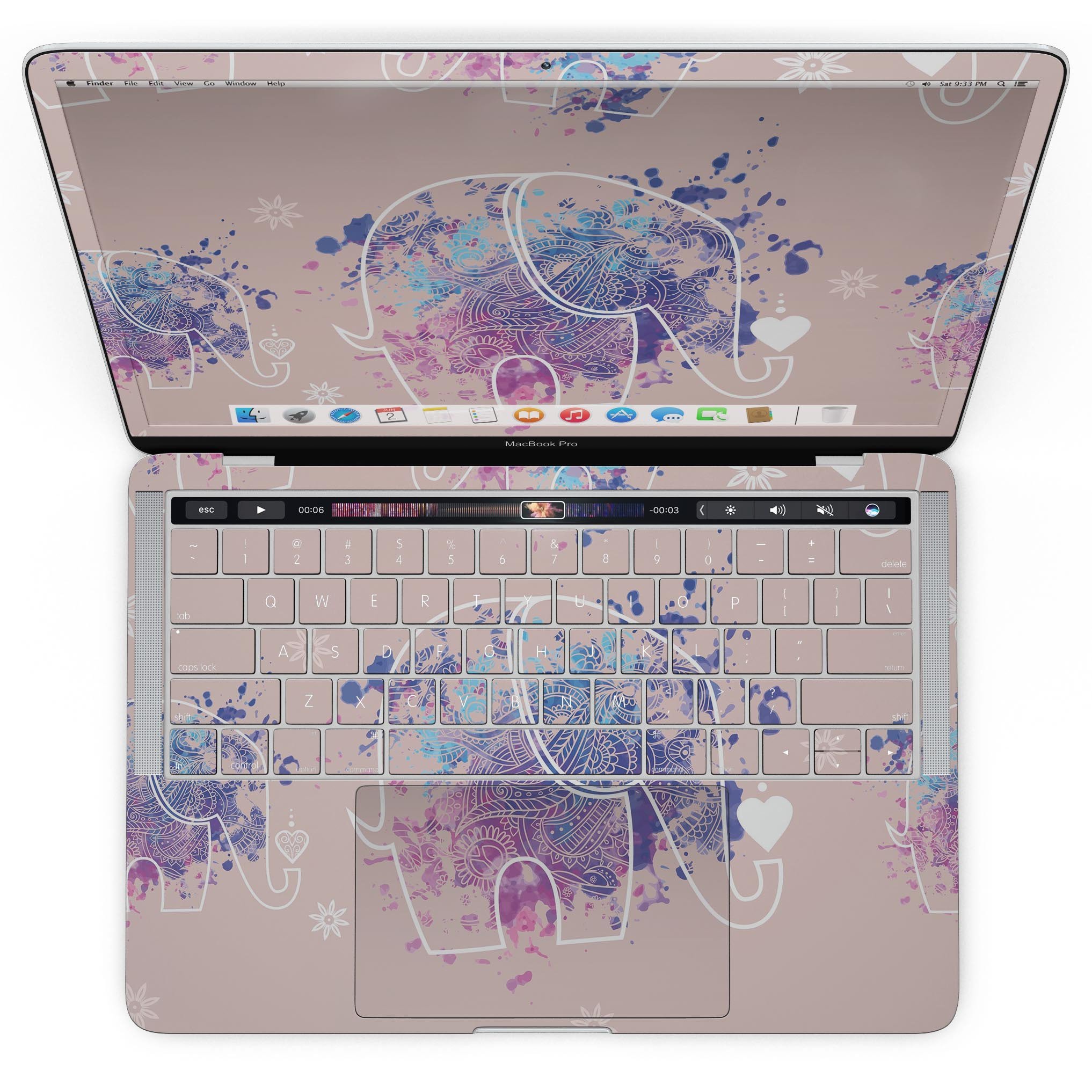 Fun Sacred Elephants skin kit for MacBook Pro with Touch Bar, featuring vibrant elephant designs on premium vinyl.
