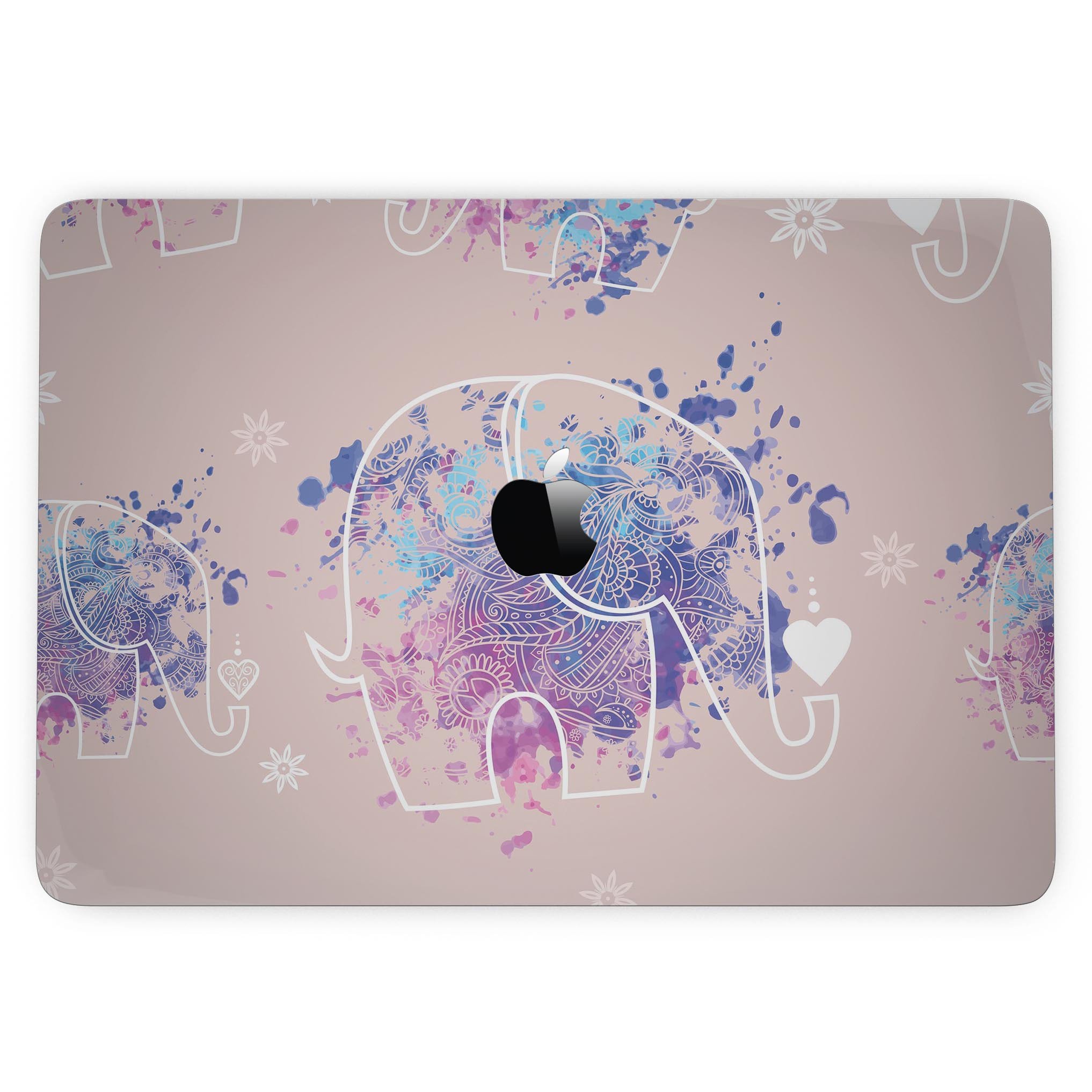 Fun Sacred Elephants skin kit for MacBook Pro with Touch Bar, featuring vibrant elephant designs on premium vinyl.