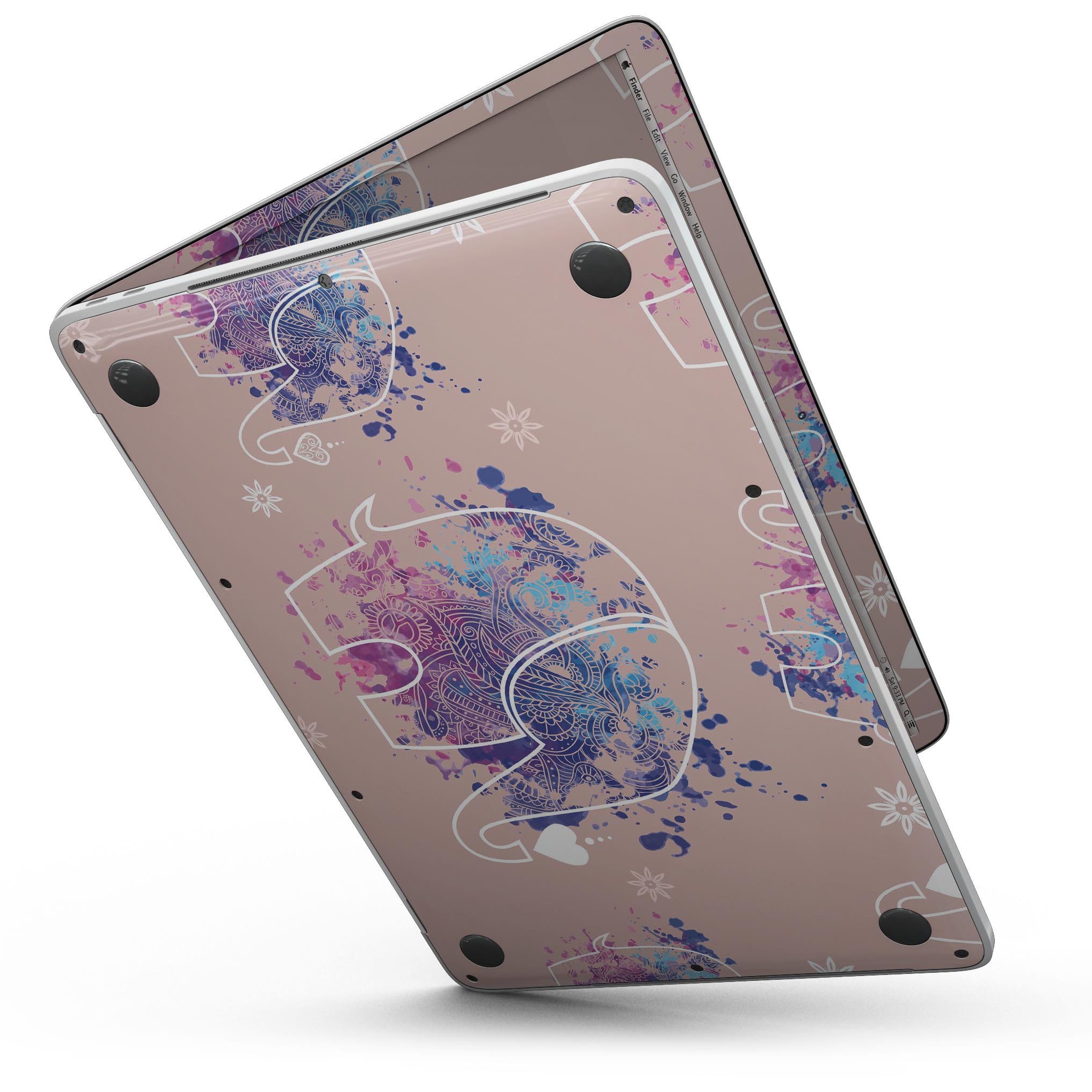 Fun Sacred Elephants skin kit for MacBook Pro with Touch Bar, featuring vibrant elephant designs on premium vinyl.