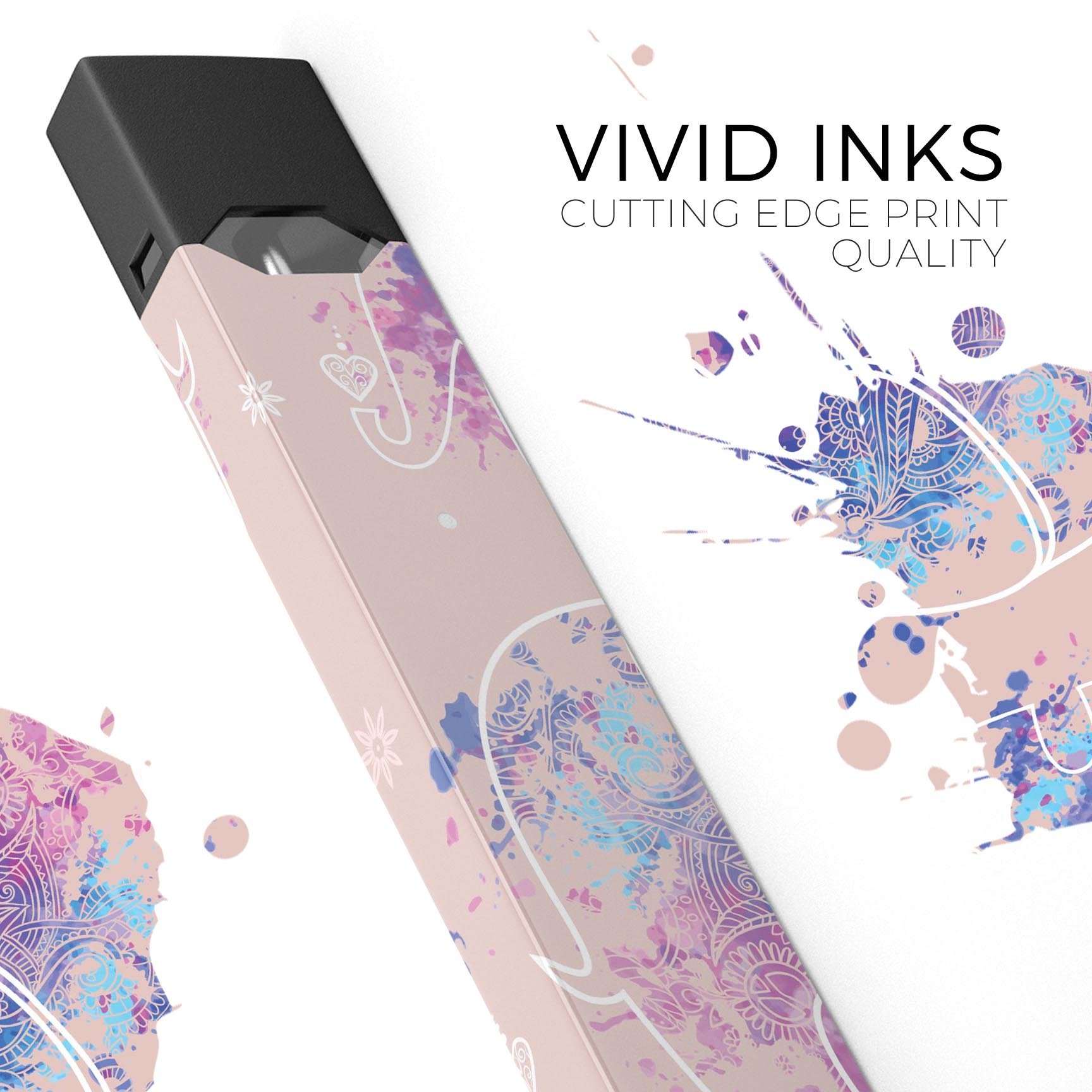 Fun Sacred Elephants premium decal skin-wrap sticker designed for JUUL vaping device, featuring vibrant elephant graphics.