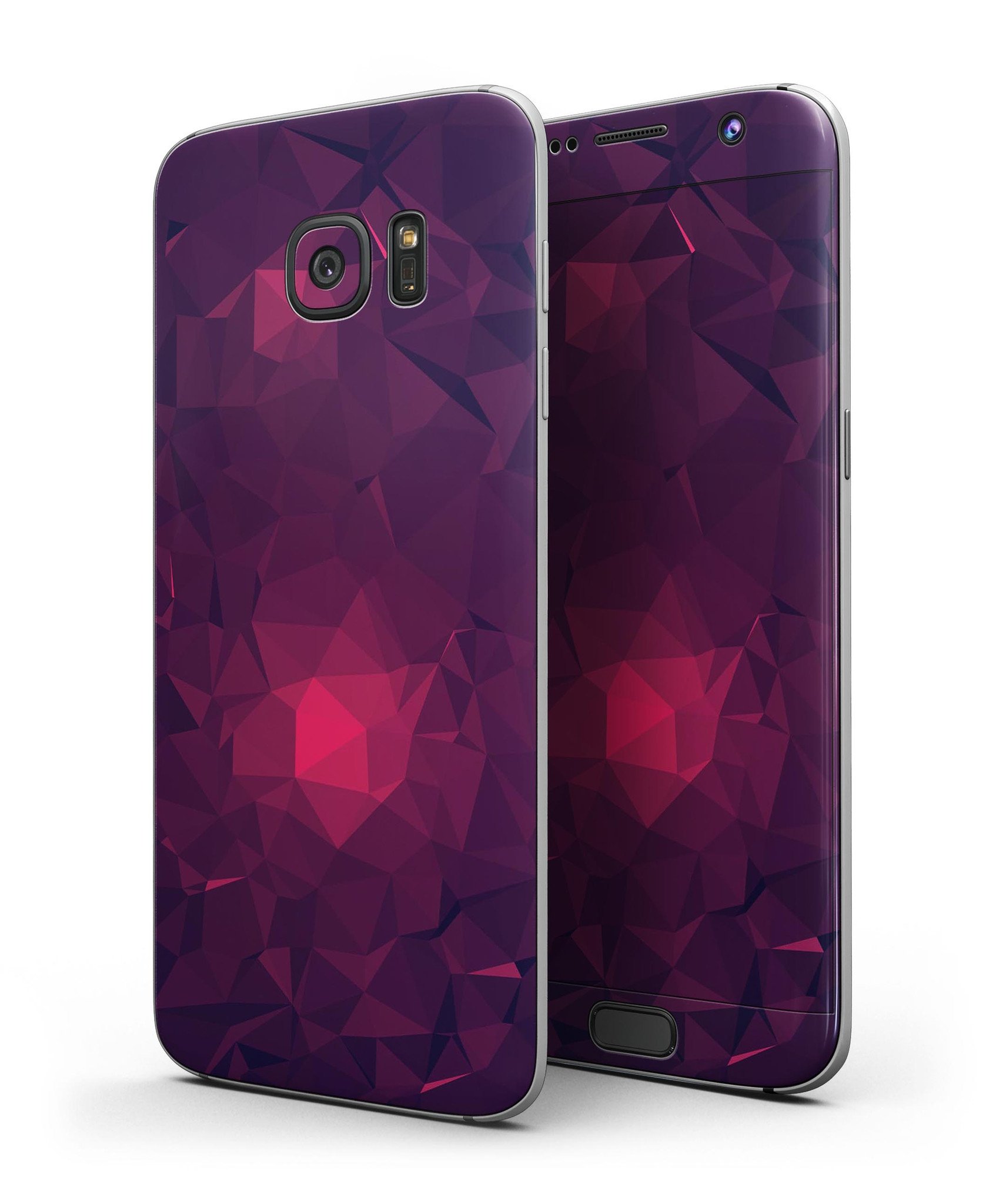 Fuscia Geometric Triangles Full Body Skin-Kit for Samsung Galaxy S7 and S7 Edge, showcasing vibrant geometric patterns.