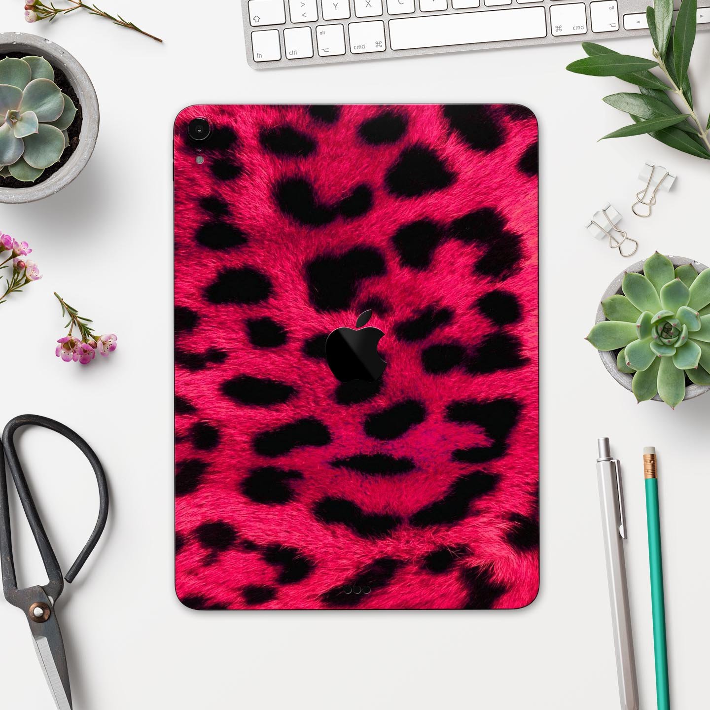 Fuzzy Real Pink Leopard Print skin decal for Apple devices, showcasing vibrant colors and a stylish design.