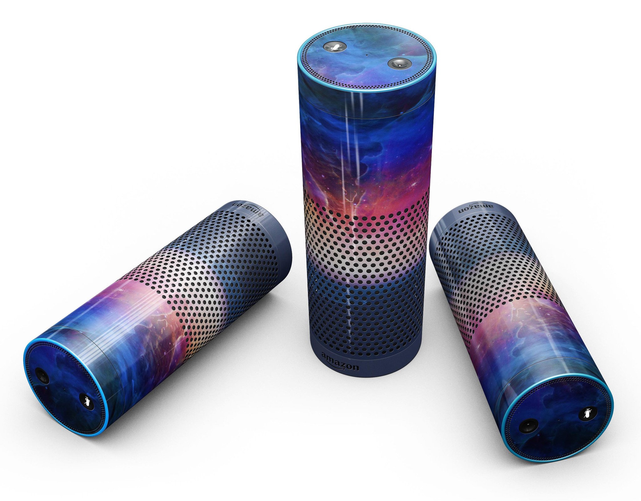 Galaxy Explosion skin-kit for Amazon Echo, showcasing vibrant colors and full-body coverage.