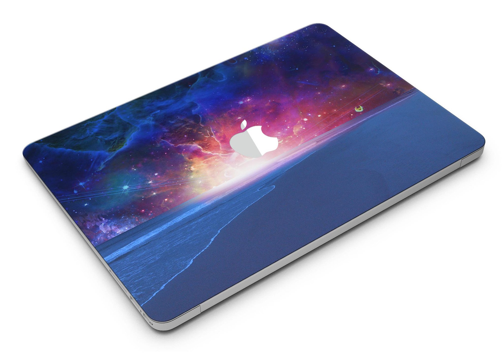 Galaxy Explosion design skin kit for MacBook Air, showcasing vibrant colors and patterns over a calm sea shore.