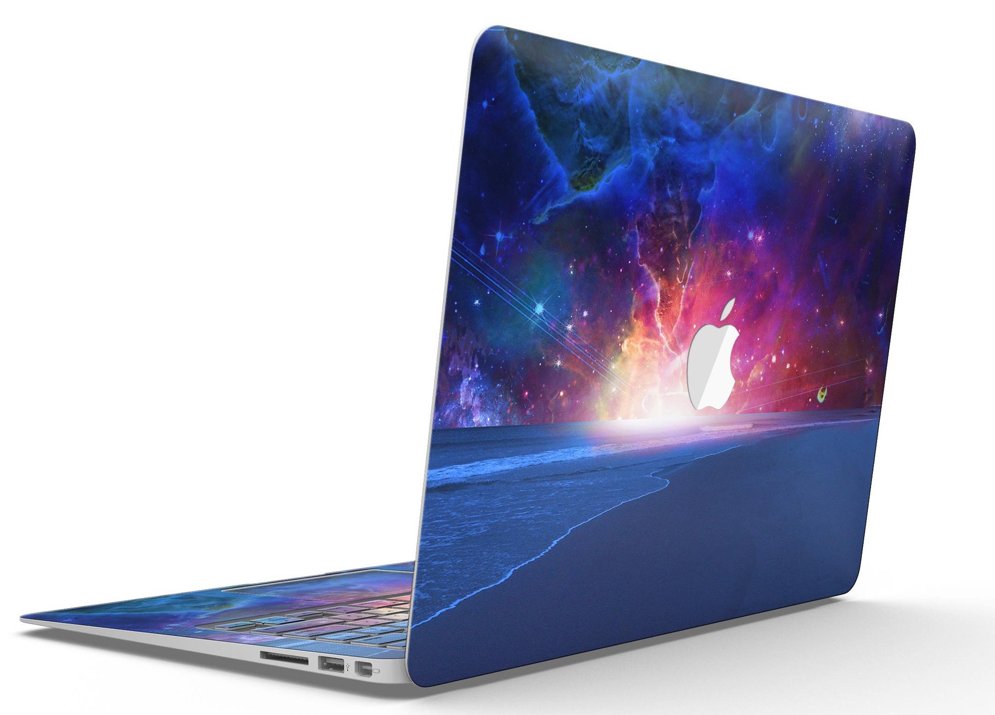 Galaxy Explosion design skin kit for MacBook Air, showcasing vibrant colors and patterns over a calm sea shore.