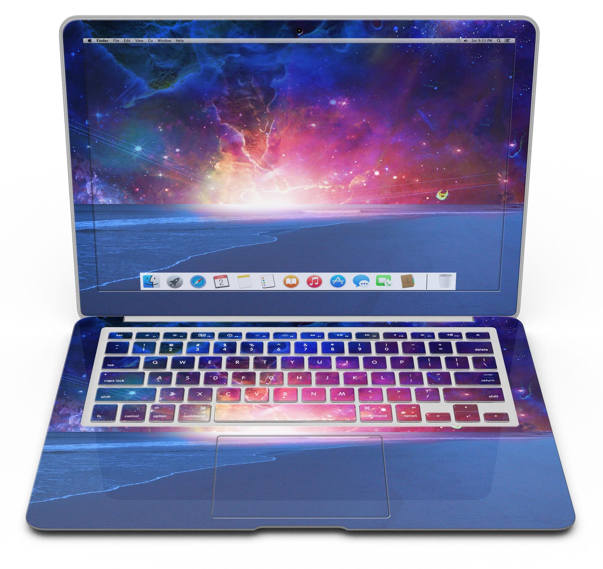 Galaxy Explosion design skin kit for MacBook Air, showcasing vibrant colors and patterns over a calm sea shore.