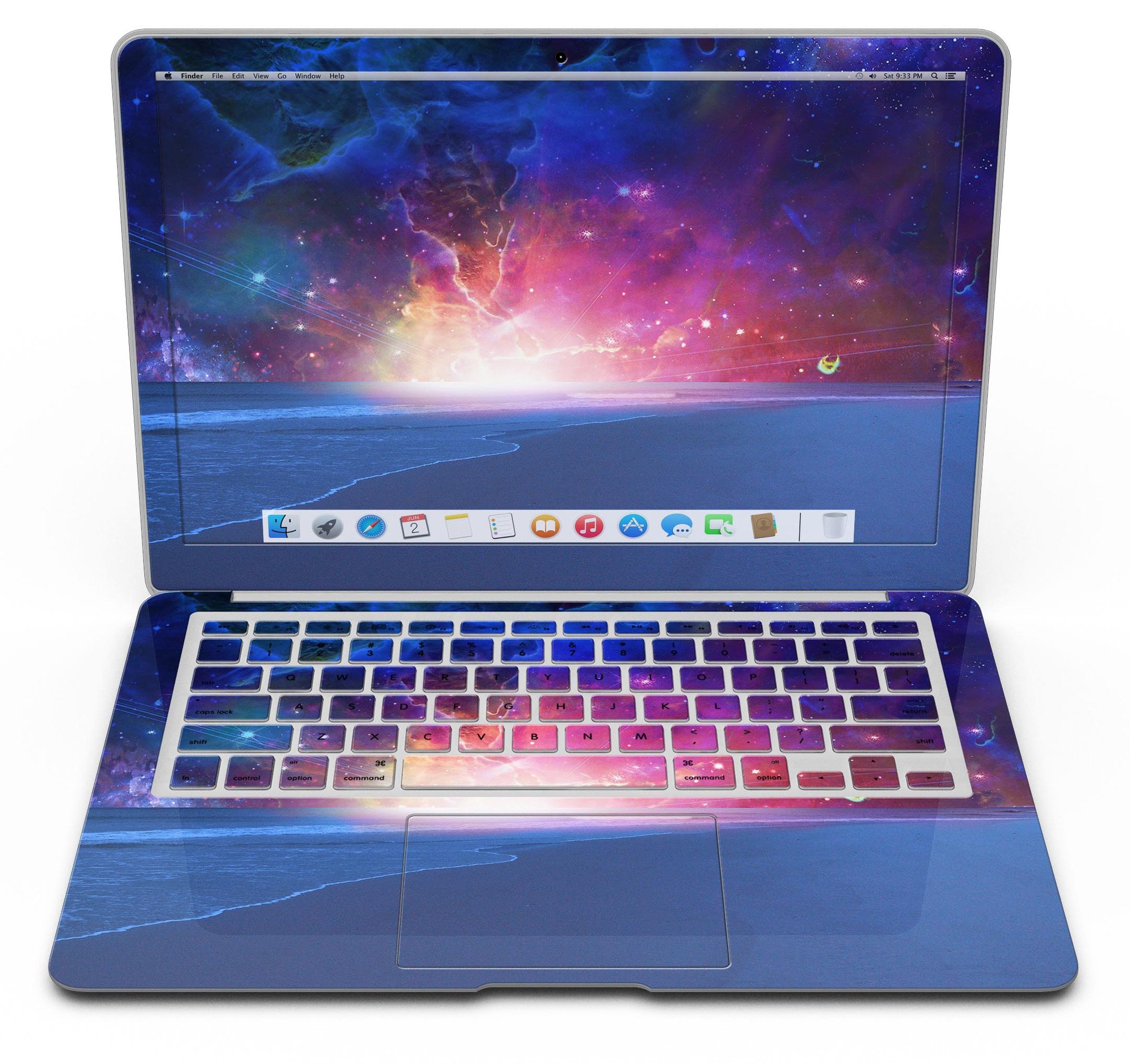 Galaxy Explosion design skin kit for MacBook Air, showcasing vibrant colors and patterns over a calm sea shore.