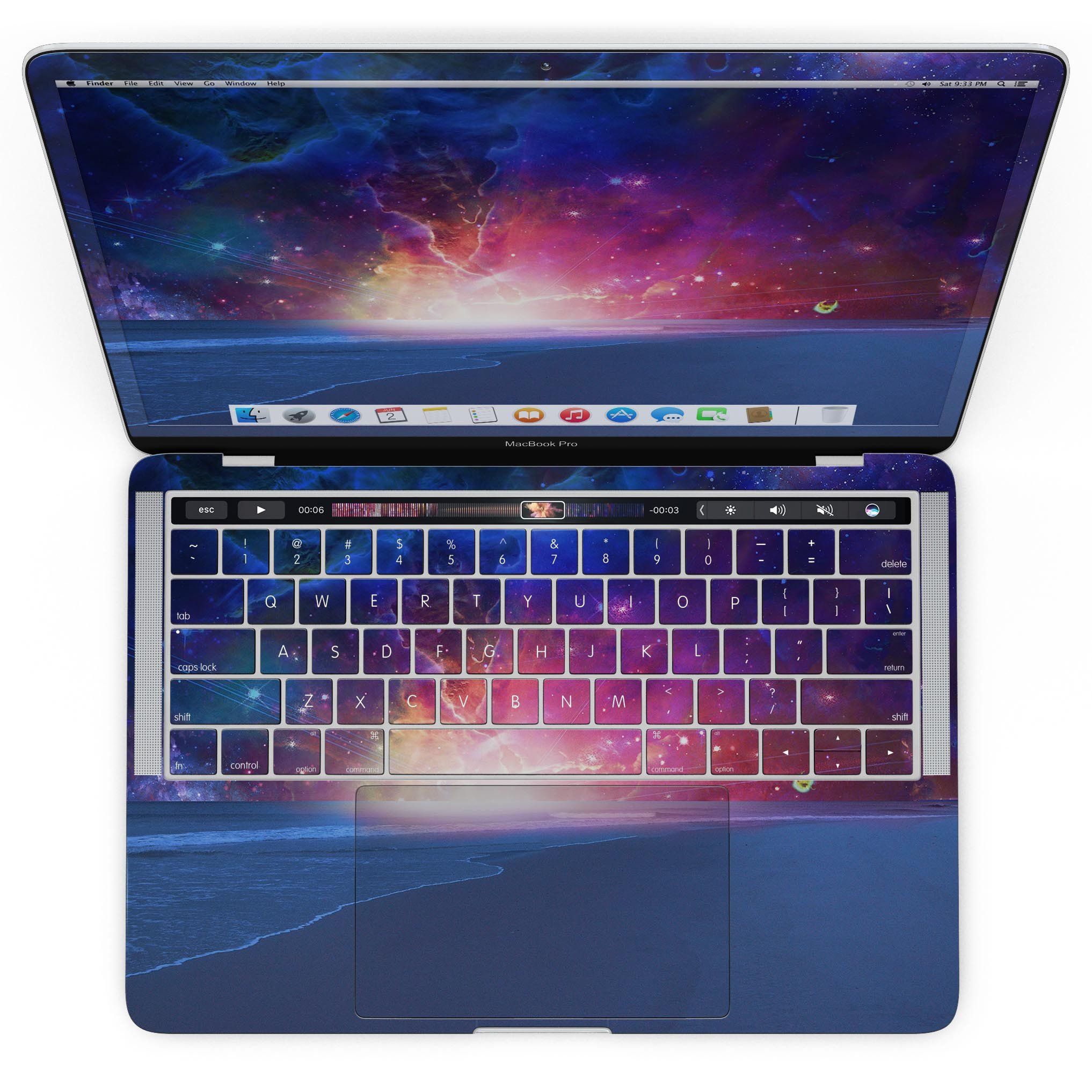 Galaxy Explosion skin for MacBook Pro with Touch Bar, showcasing vibrant colors and unique design on a sleek device.