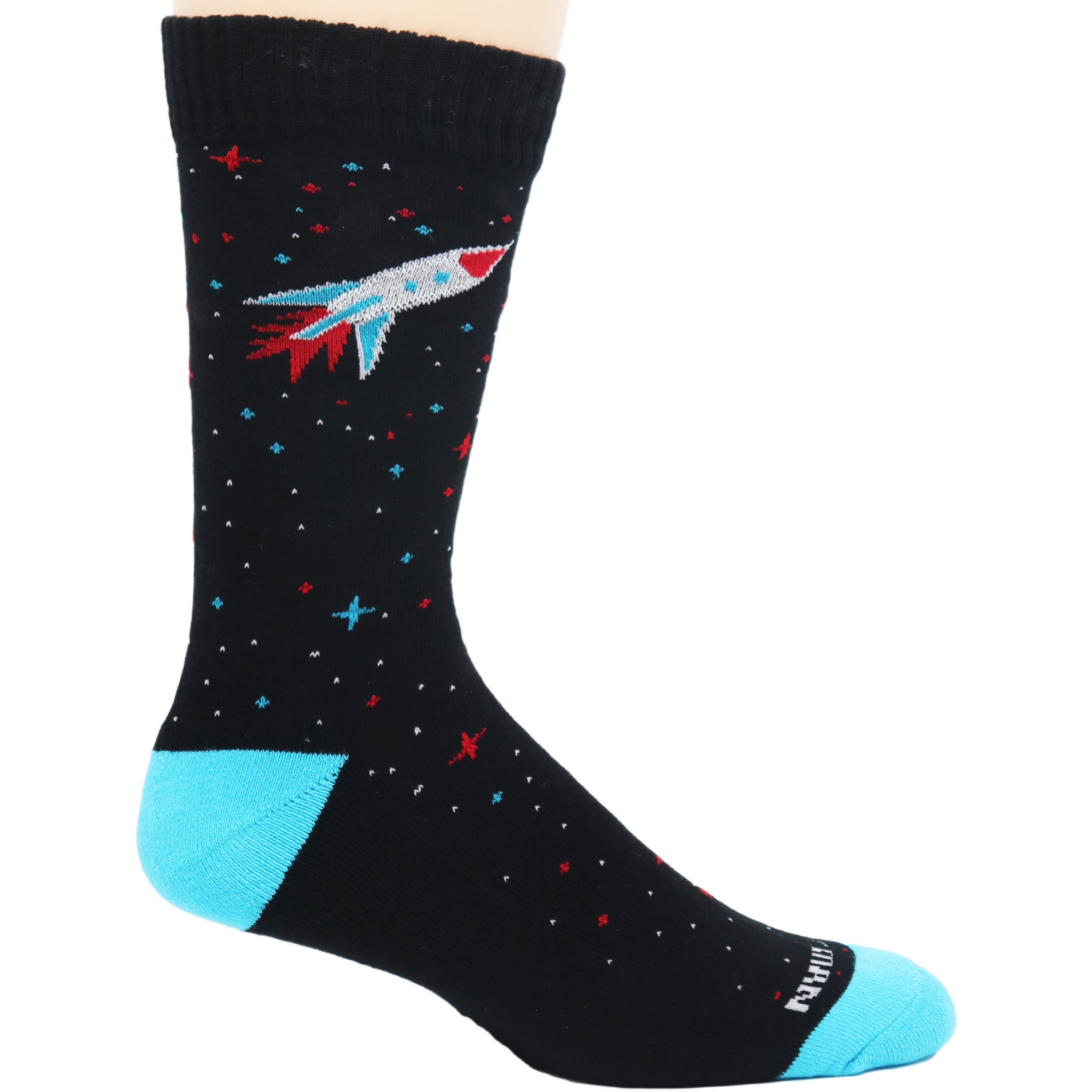 Galaxy Rocket Ship Crew Socks featuring a black background with silver rocket ship and star patterns, perfect for space enthusiasts.