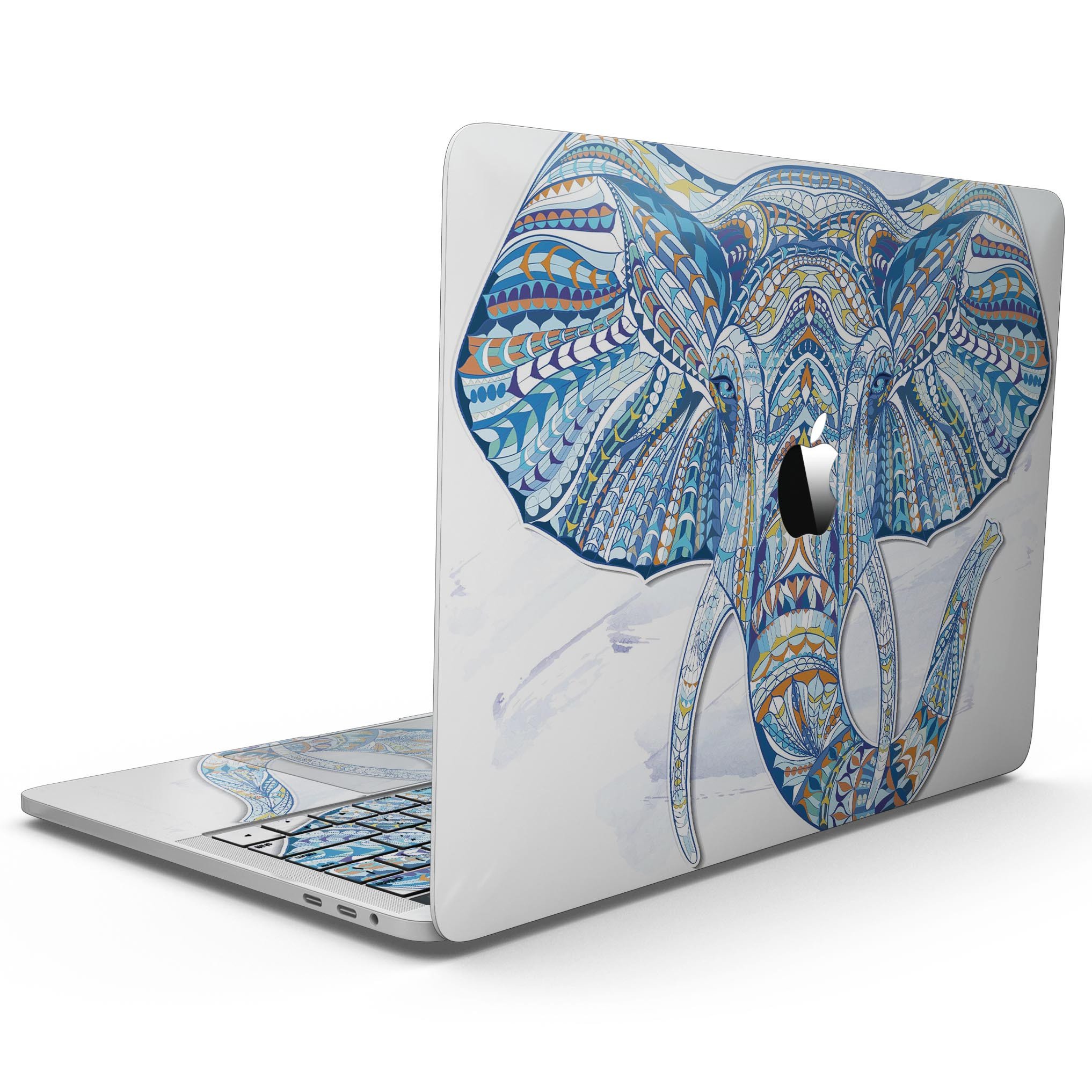 Geometric Sacred Elephant skin kit for MacBook Pro, showcasing vibrant design and premium vinyl material.