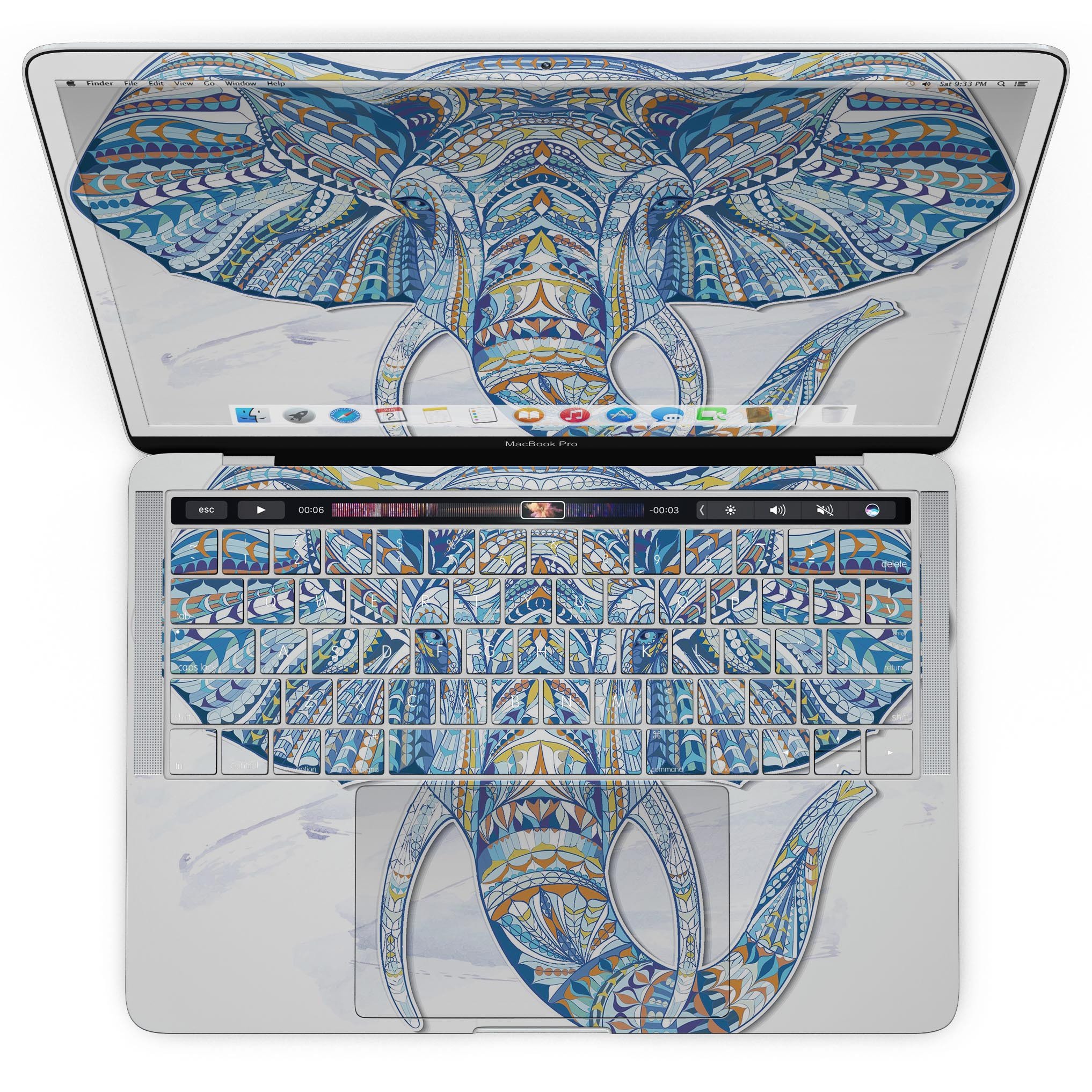 Geometric Sacred Elephant skin kit for MacBook Pro, showcasing vibrant design and premium vinyl material.