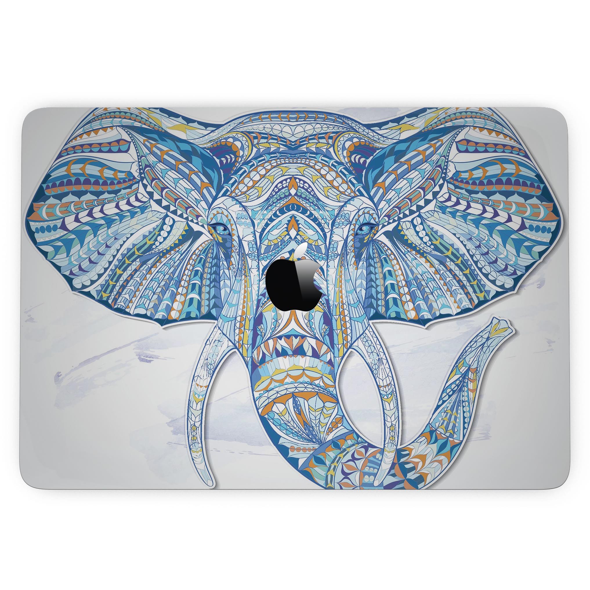 Geometric Sacred Elephant skin kit for MacBook Pro, showcasing vibrant design and premium vinyl material.