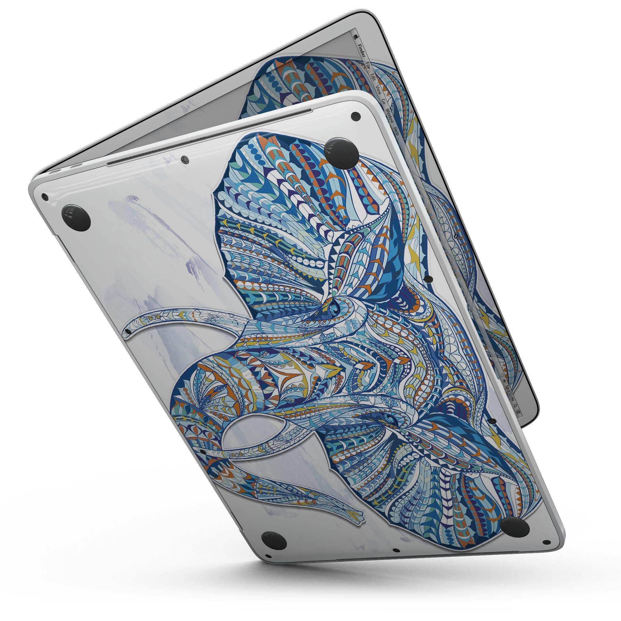 Geometric Sacred Elephant skin kit for MacBook Pro, showcasing vibrant design and premium vinyl material.