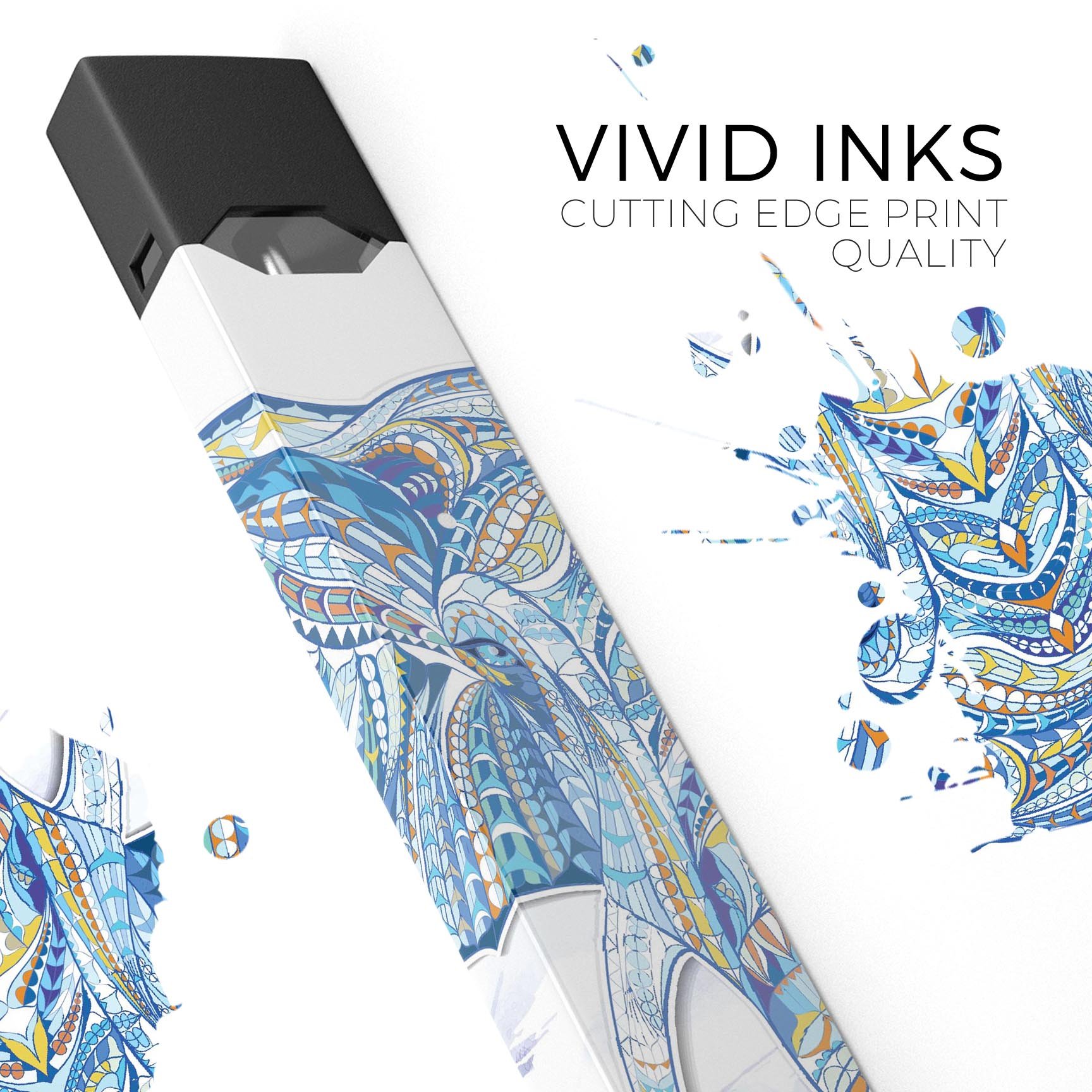 Geometric Sacred Elephant skin-wrap sticker for JUUL vaping device, featuring intricate geometric patterns and vibrant colors.
