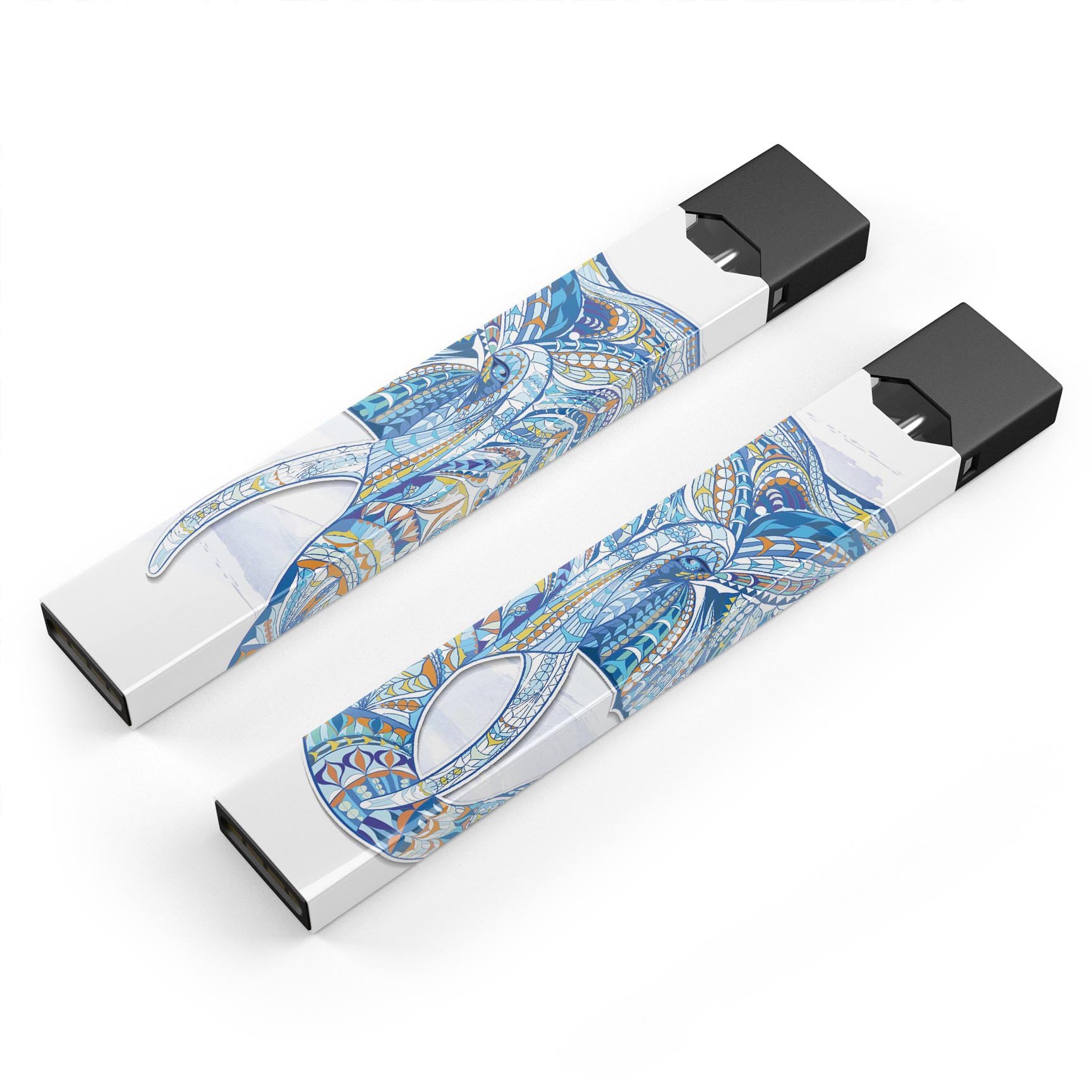 Geometric Sacred Elephant skin-wrap sticker for JUUL vaping device, featuring intricate geometric patterns and vibrant colors.