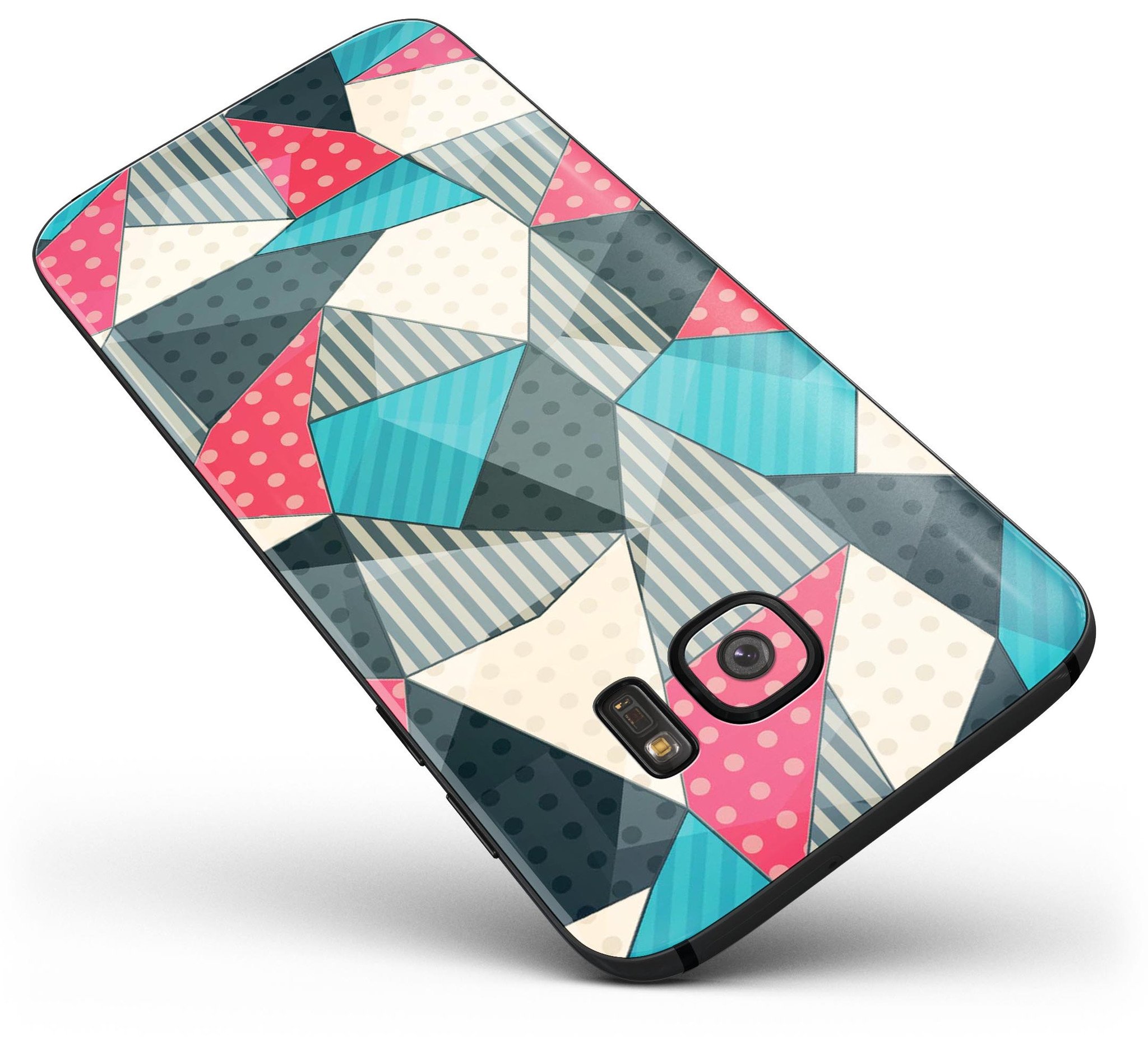 Geometry and Polkadots Full Body Skin-Kit for Samsung Galaxy S7, showcasing vibrant polka dot design and premium vinyl material.