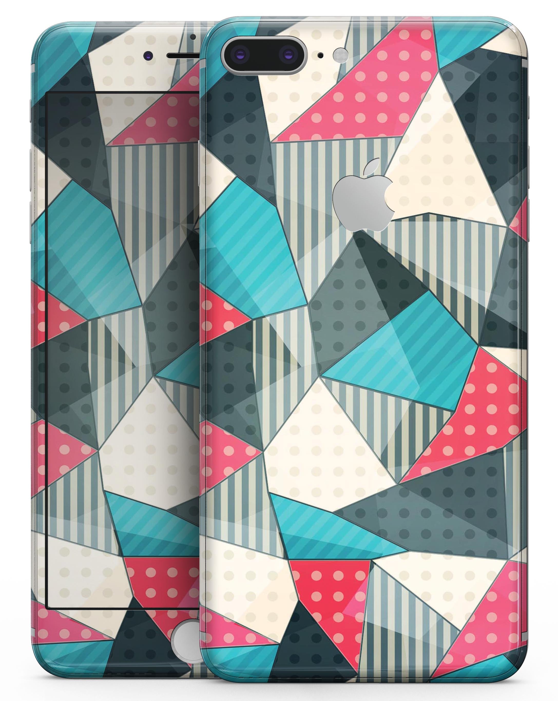 Geometry and Polkadots skin-kit for iPhone 8 and 8 Plus, showcasing vibrant patterns and premium vinyl material.