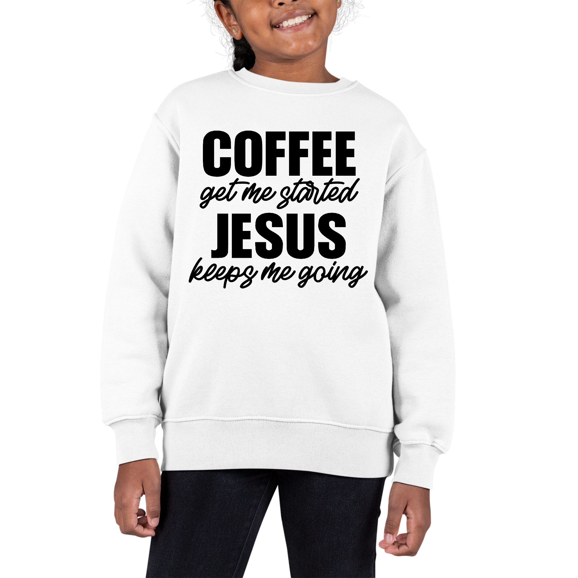 Girls Long Sleeve Sweatshirt in coffee color with inspirational text, featuring ribbed collar and cuffs.
