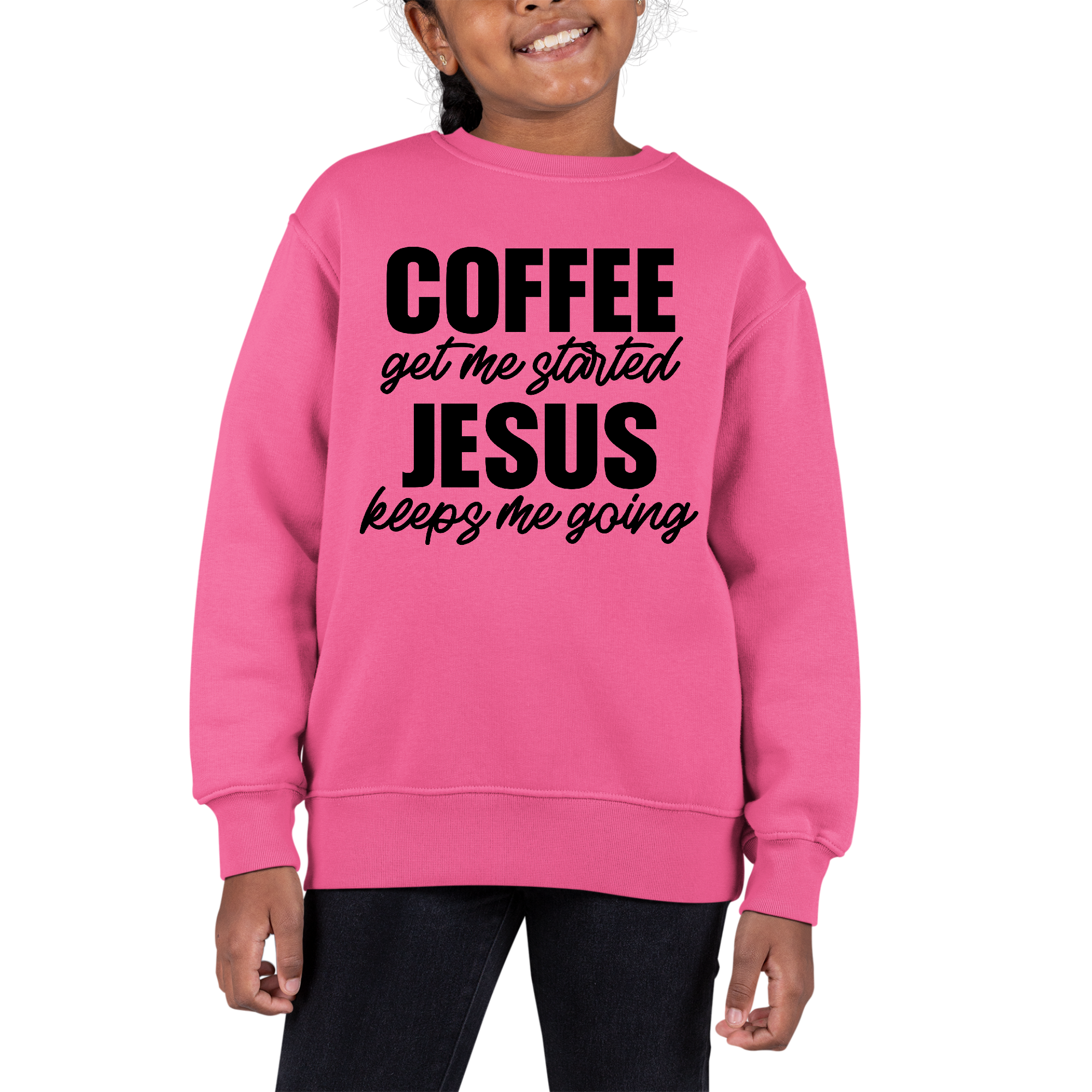 Girls Long Sleeve Sweatshirt in coffee color with inspirational text, featuring ribbed collar and cuffs.