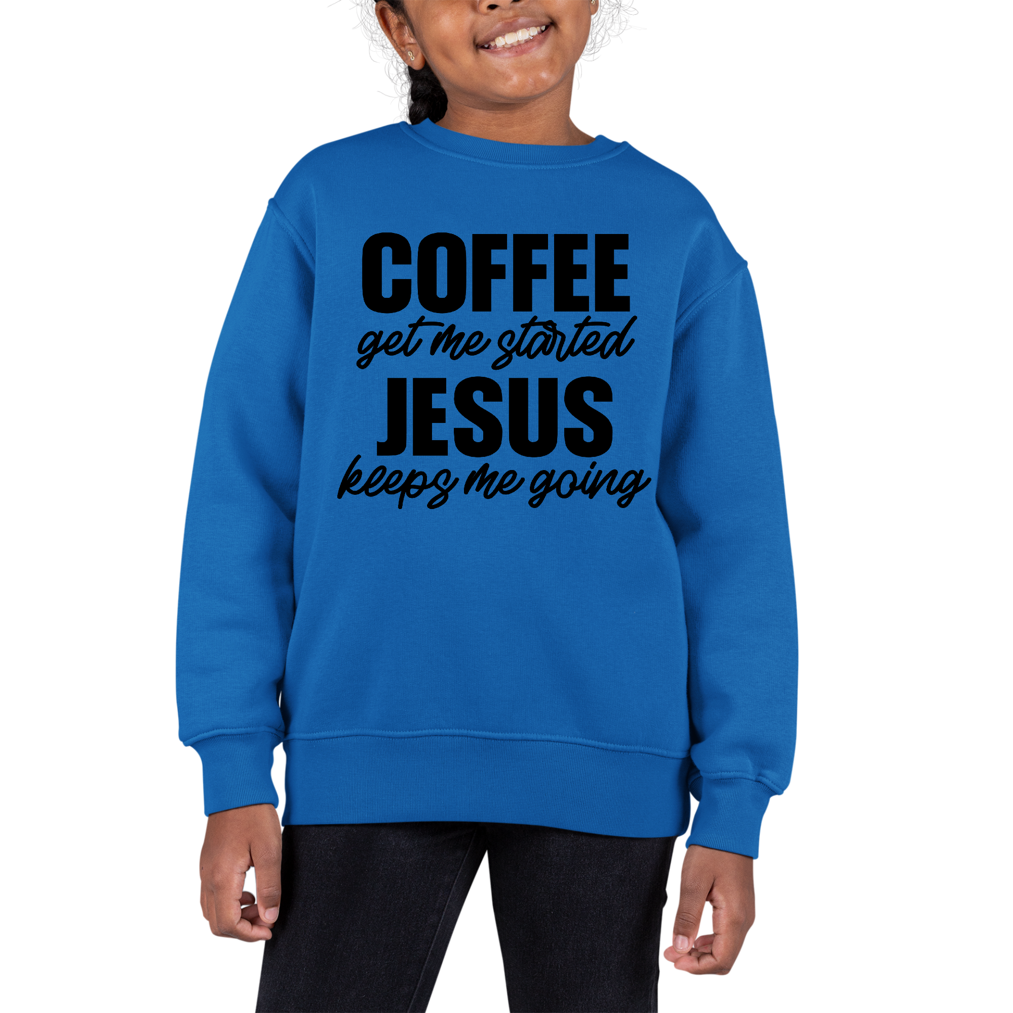 Girls Long Sleeve Sweatshirt in coffee color with inspirational text, featuring ribbed collar and cuffs.