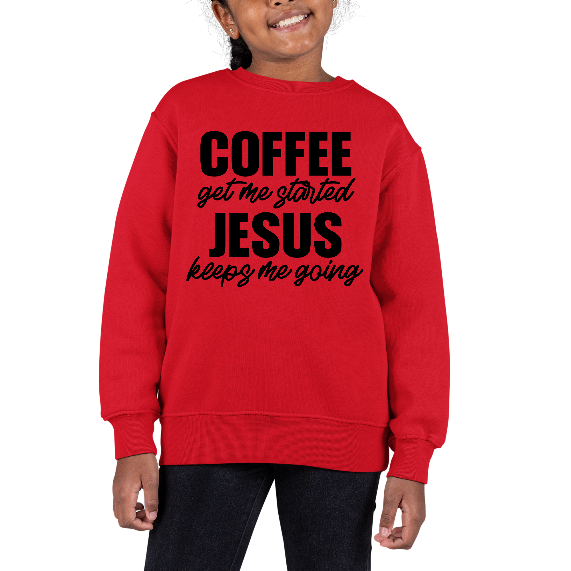Girls Long Sleeve Sweatshirt in coffee color with inspirational text, featuring ribbed collar and cuffs.