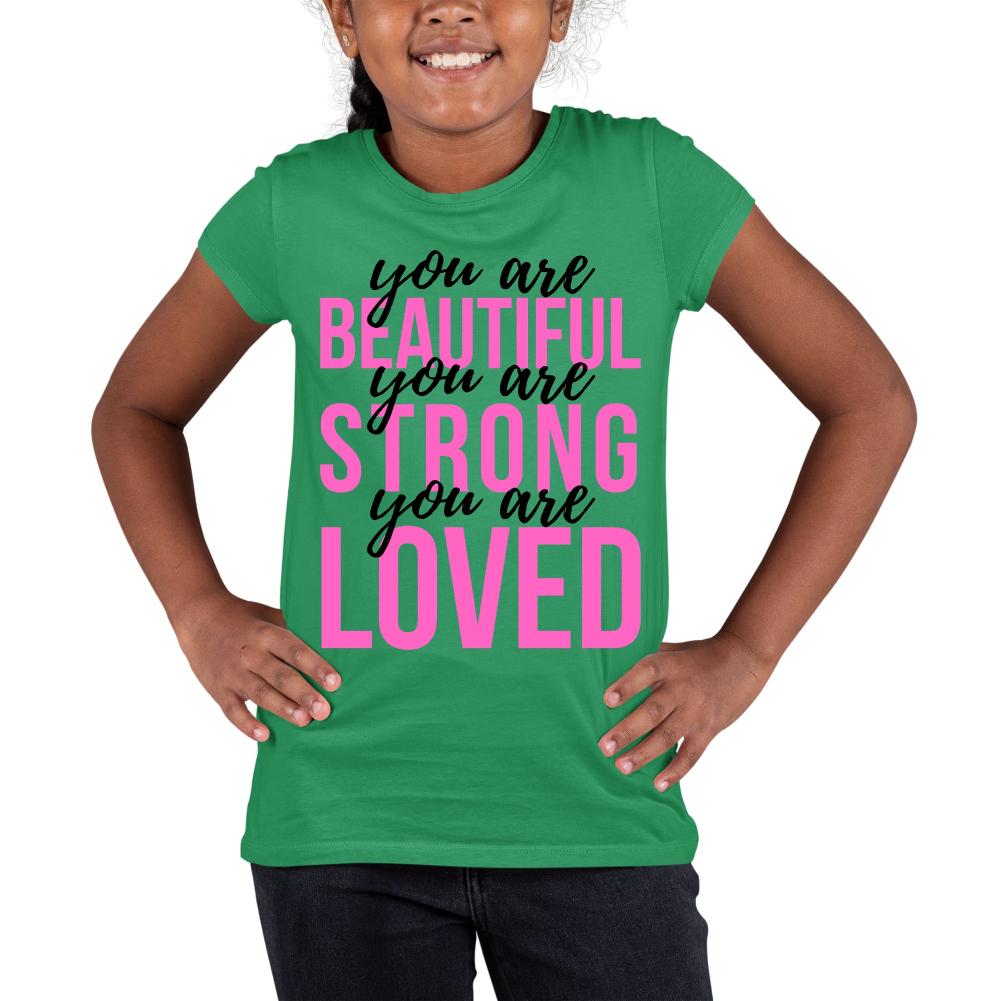 Girls T-shirt in pink and black with inspirational text 'You Are Beautiful Strong Loved', made from soft preshrunk cotton.