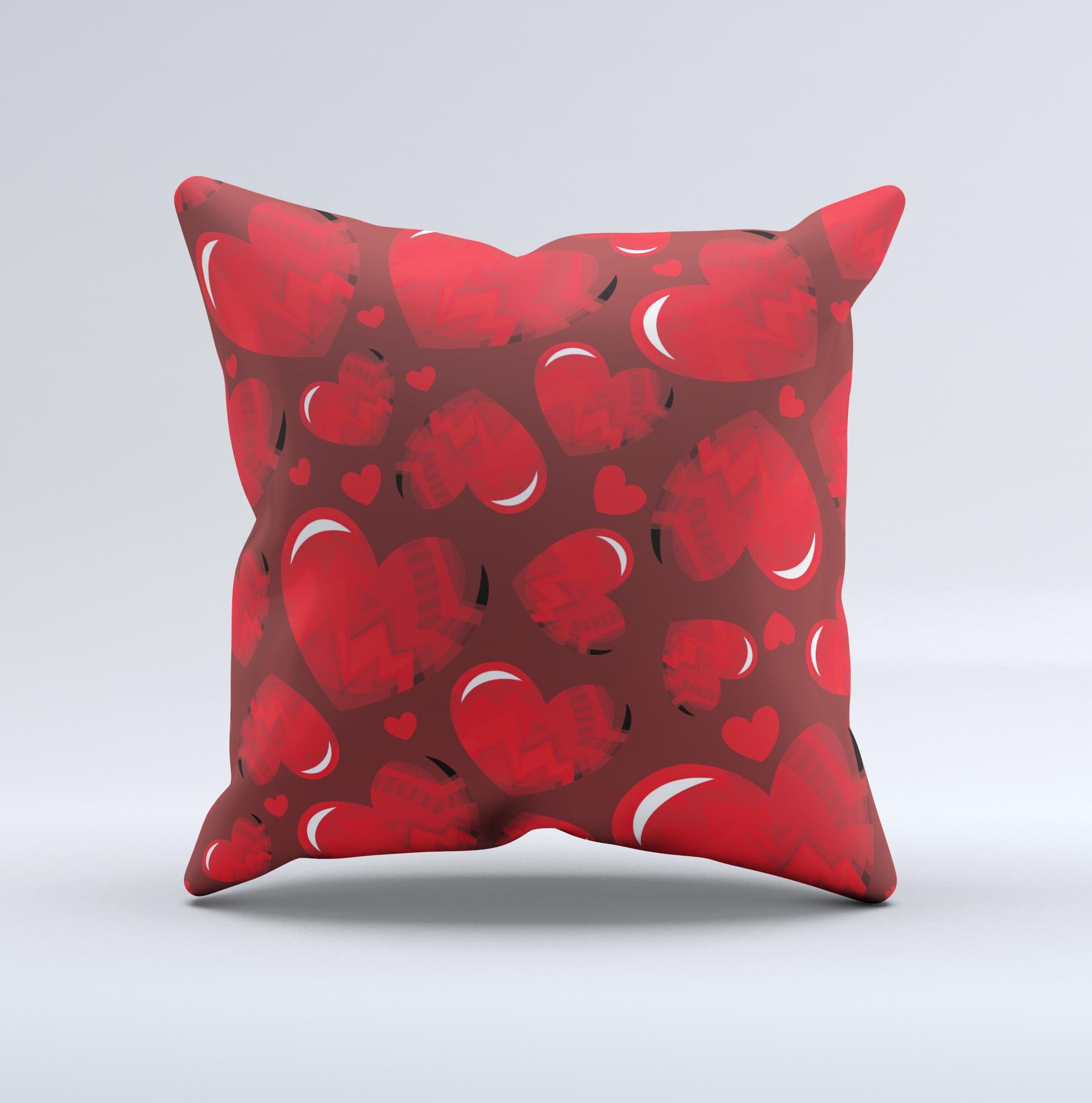 Glossy Electric Hearts ink-Fuzed Decorative Throw Pillow featuring vibrant heart designs on a soft fabric, handcrafted in Virginia.
