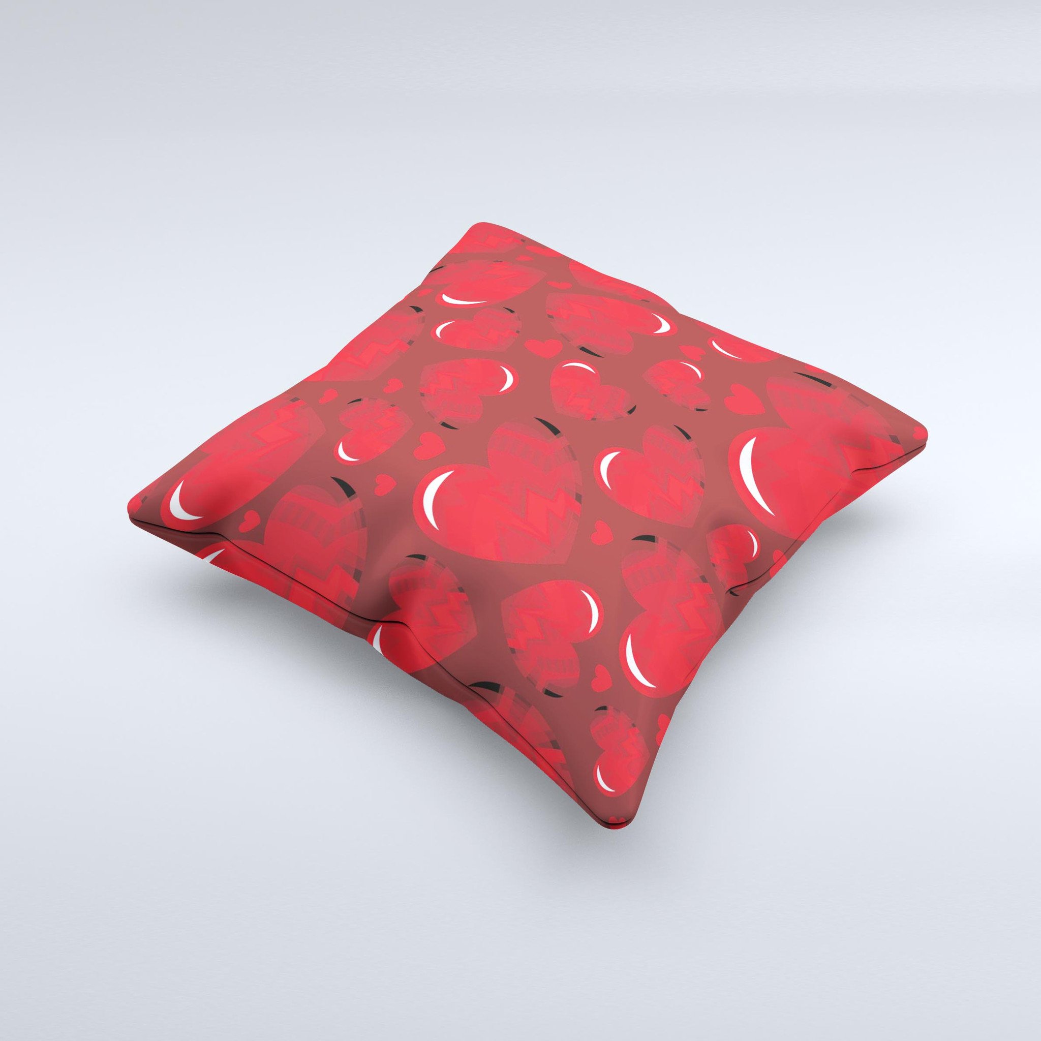 Glossy Electric Hearts ink-Fuzed Decorative Throw Pillow featuring vibrant heart designs on a soft fabric, handcrafted in Virginia.
