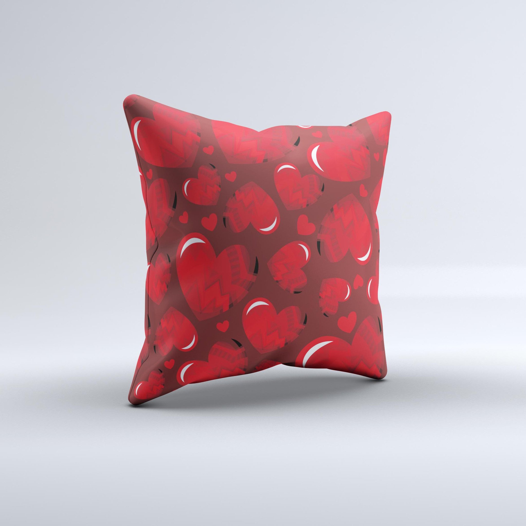 Glossy Electric Hearts ink-Fuzed Decorative Throw Pillow featuring vibrant heart designs on a soft fabric, handcrafted in Virginia.