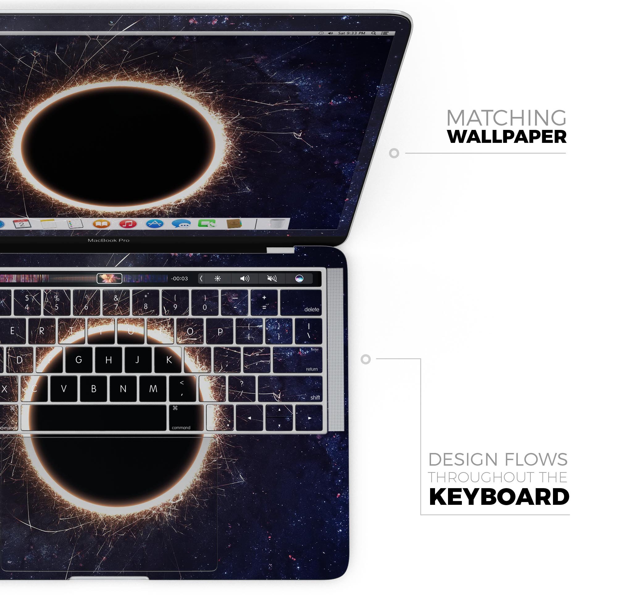 Glowing Black Hole Skin Decal Wrap Kit for Apple MacBook, showcasing a vibrant design with a snug fit.