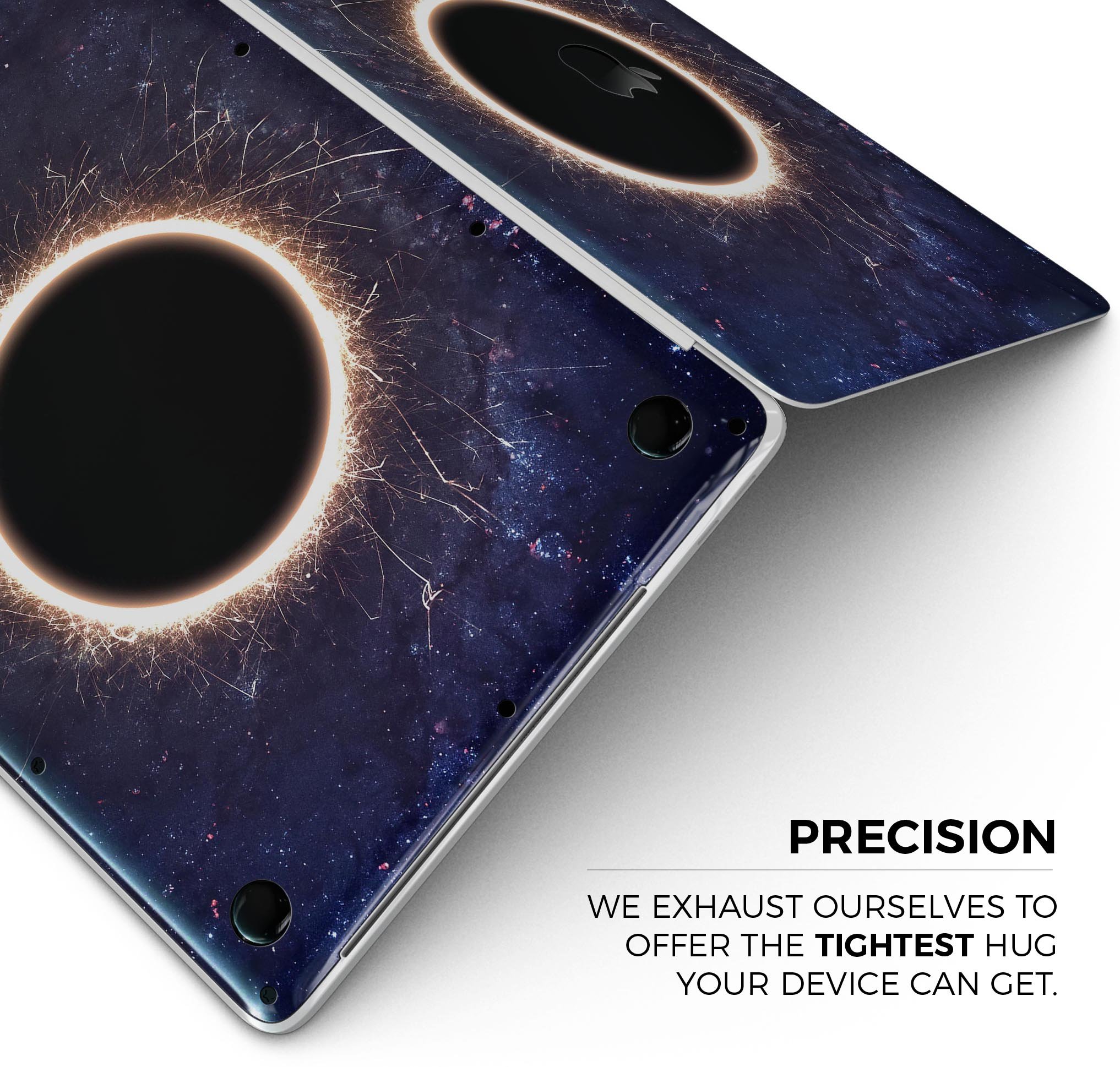 Glowing Black Hole Skin Decal Wrap Kit for Apple MacBook, showcasing a vibrant design with a snug fit.