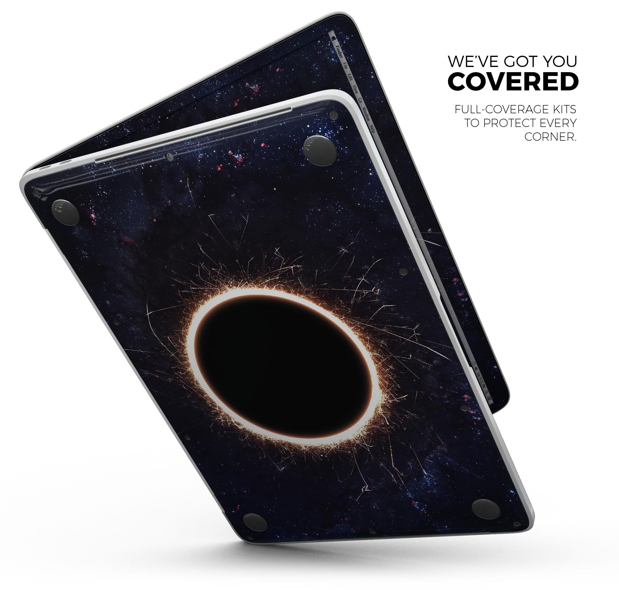 Glowing Black Hole Skin Decal Wrap Kit for Apple MacBook, showcasing a vibrant design with a snug fit.