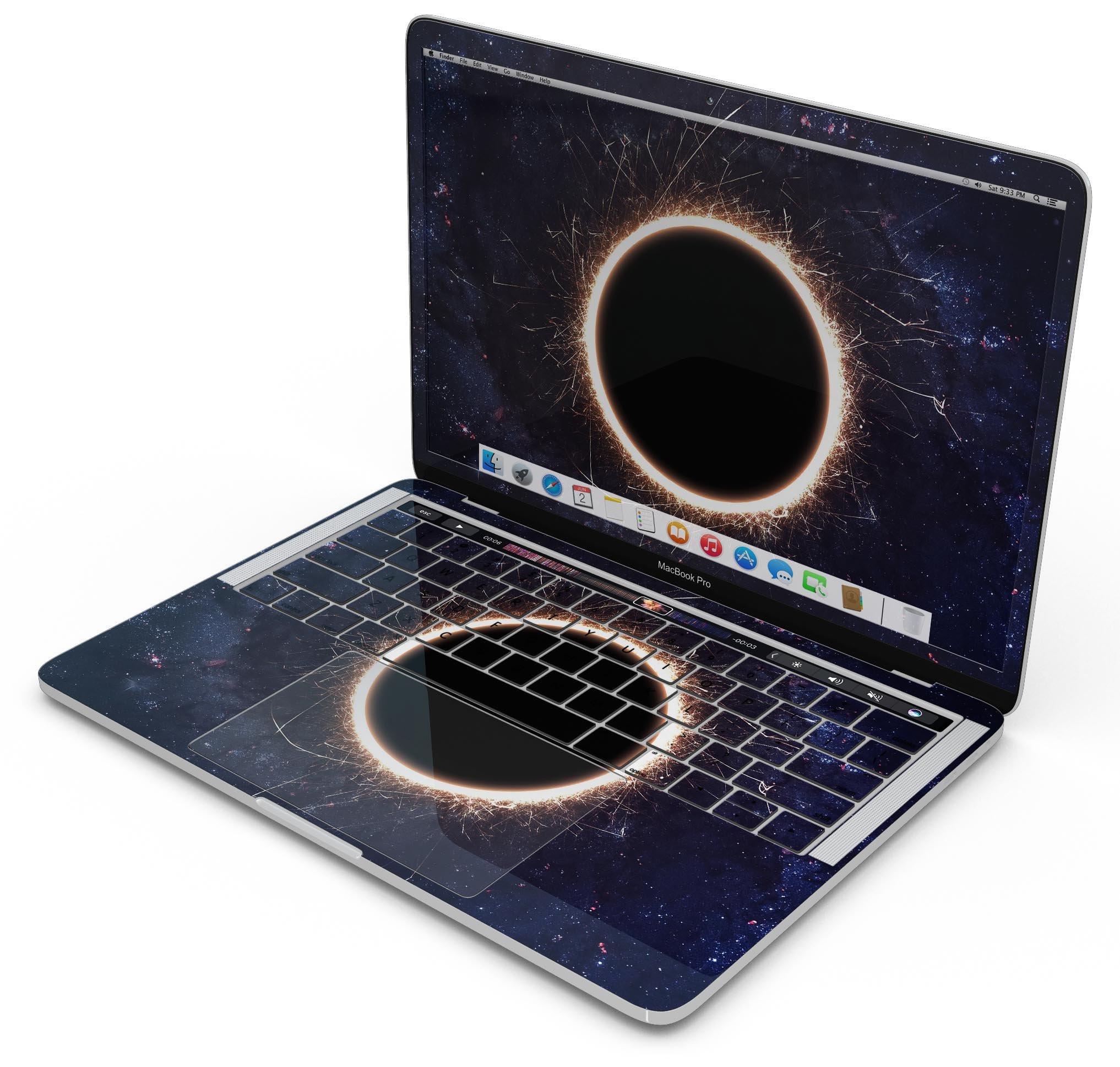 Glowing Black Hole Skin Decal Wrap Kit for Apple MacBook, showcasing a vibrant design with a snug fit.