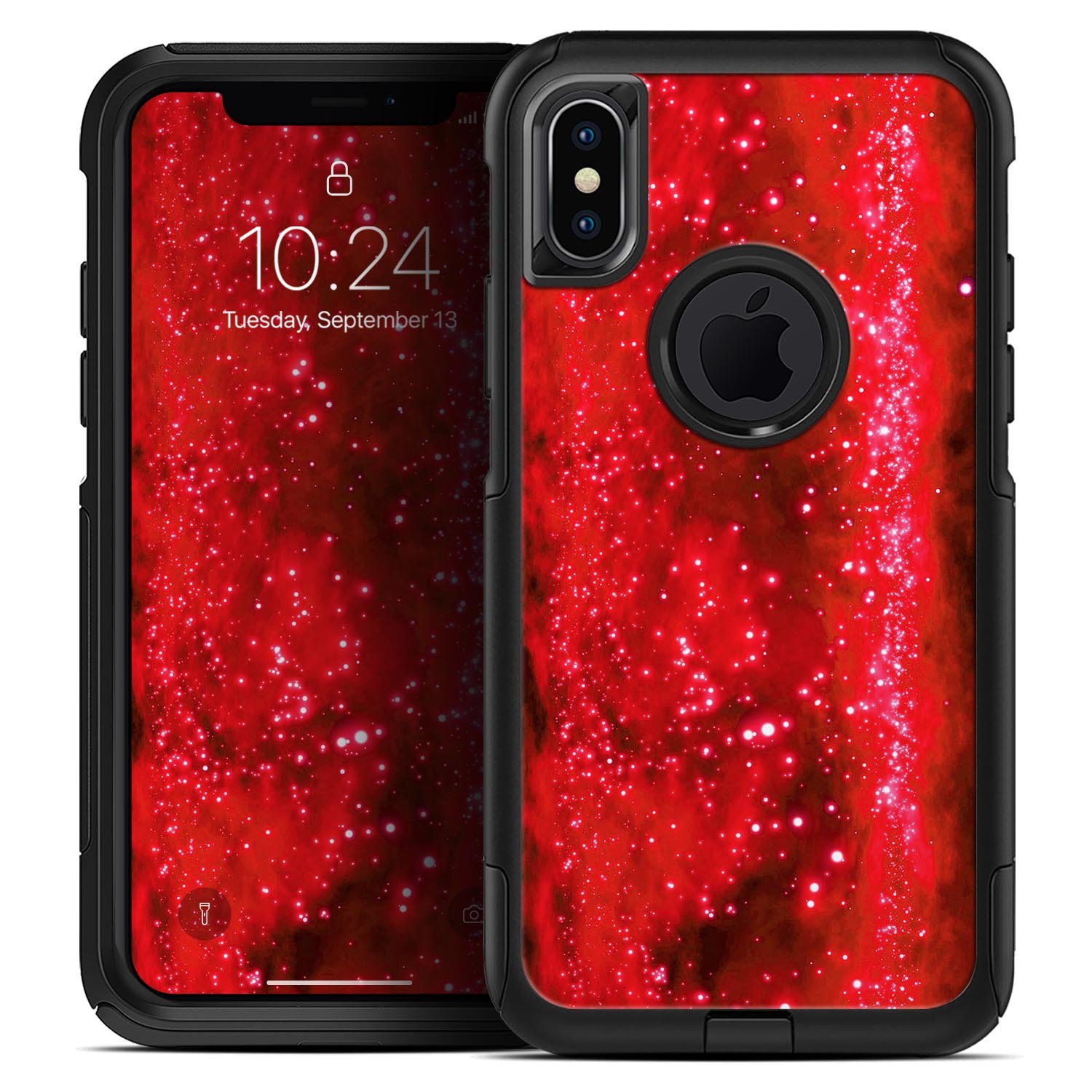 Glowing Bright Red Orbs of Light skin kit for iPhone OtterBox, showcasing vibrant red design and ultra-thin protective layer.