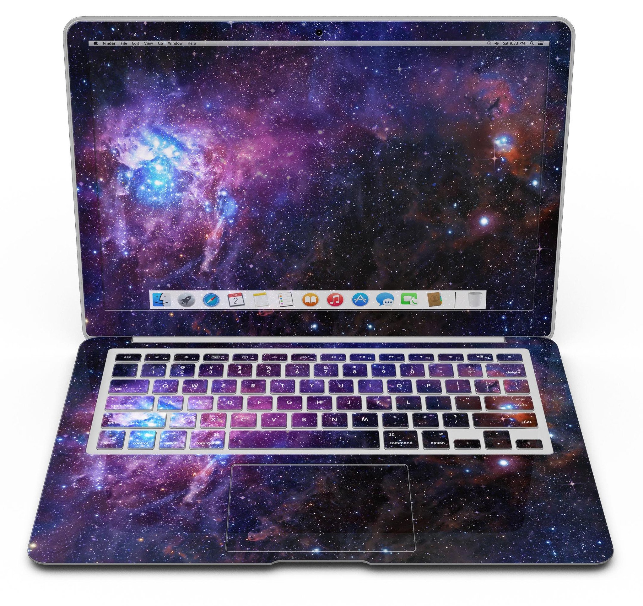 Glowing Deep Space MacBook Air Skin Kit showcasing vibrant cosmic design on a sleek MacBook Air.