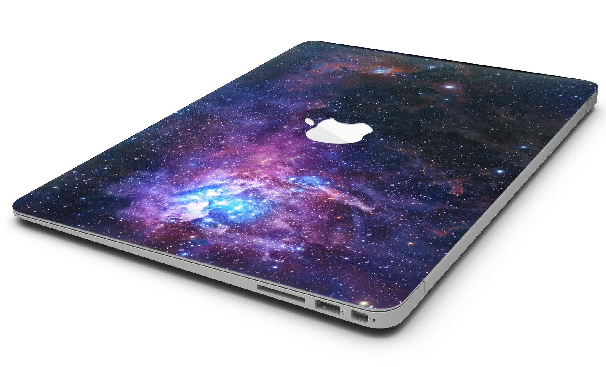 Glowing Deep Space MacBook Air Skin Kit showcasing vibrant cosmic design on a sleek MacBook Air.