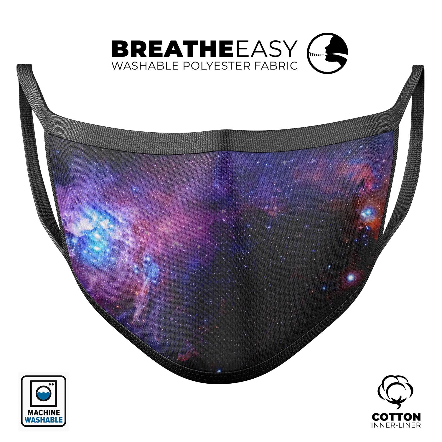 Glowing Deep Space mouth cover featuring a vibrant cosmic design, made from soft cotton and adjustable ear loops for a comfortable fit.