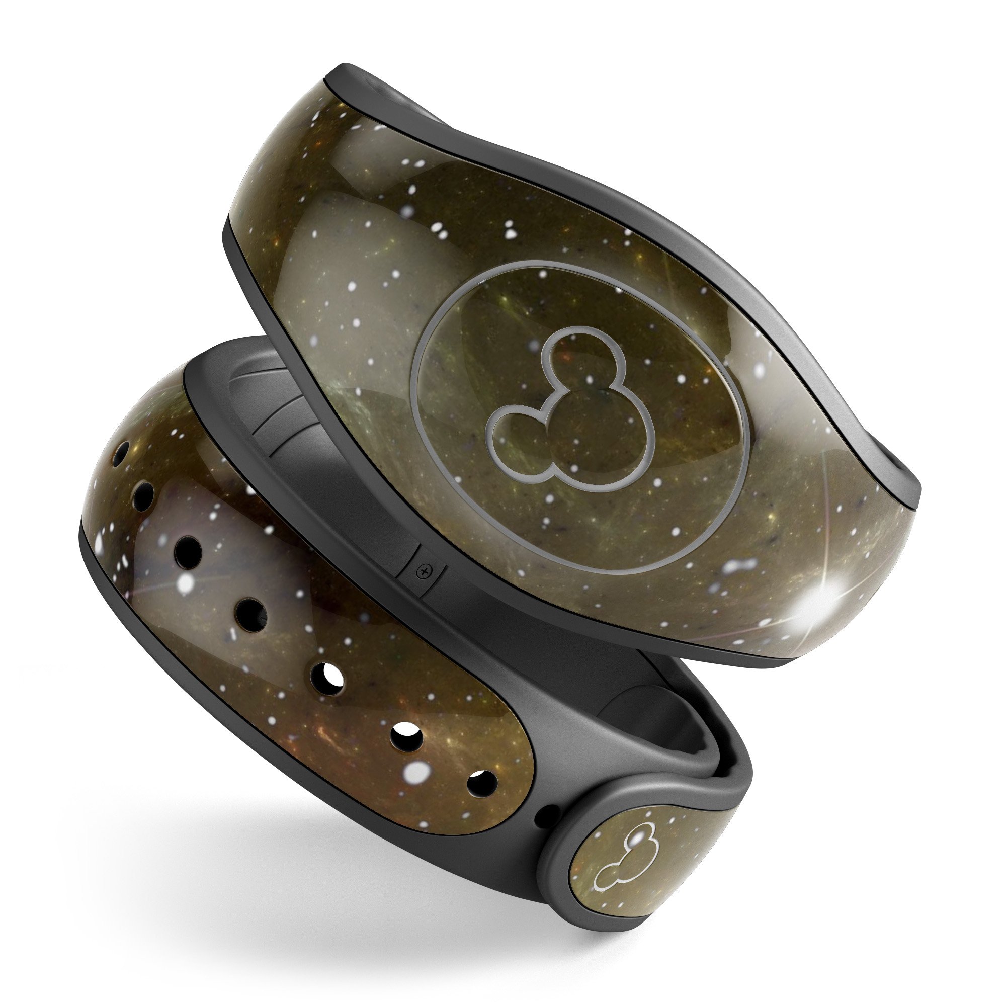Glowing Gold Universe decal skin wrap kit for Disney Magic Band, showcasing vibrant gold and cosmic designs.