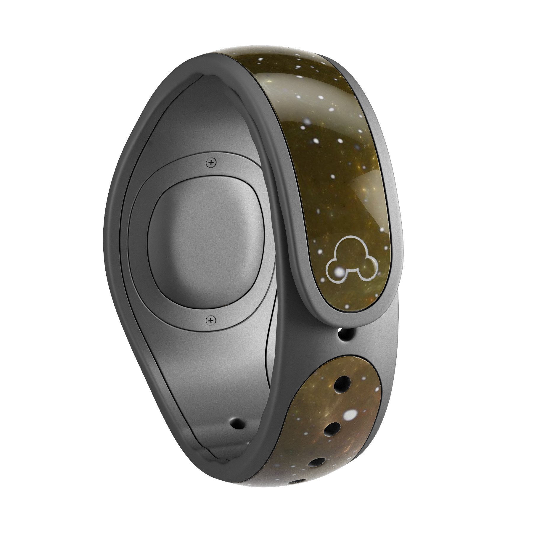 Glowing Gold Universe decal skin wrap kit for Disney Magic Band, showcasing vibrant gold and cosmic designs.