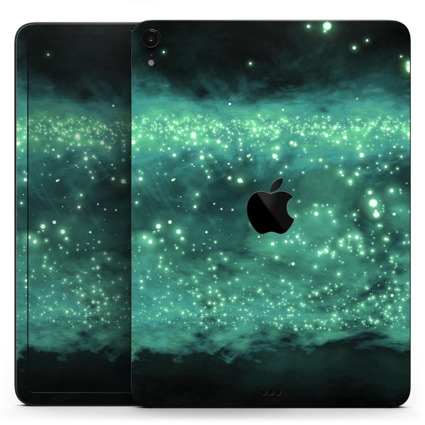 Glowing Green Orbs of Light skin decal applied on an Apple iPad, showcasing vibrant colors and sleek design.
