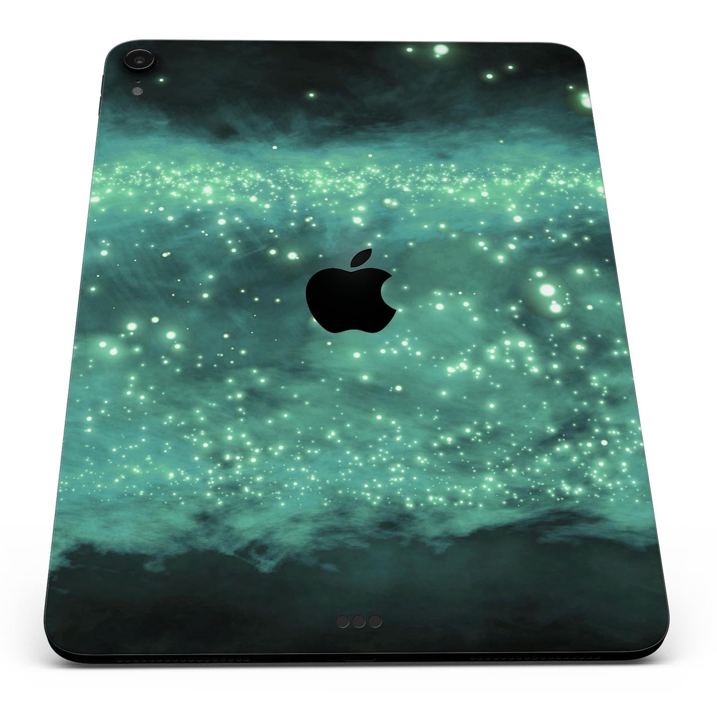 Glowing Green Orbs of Light skin decal applied on an Apple iPad, showcasing vibrant colors and sleek design.