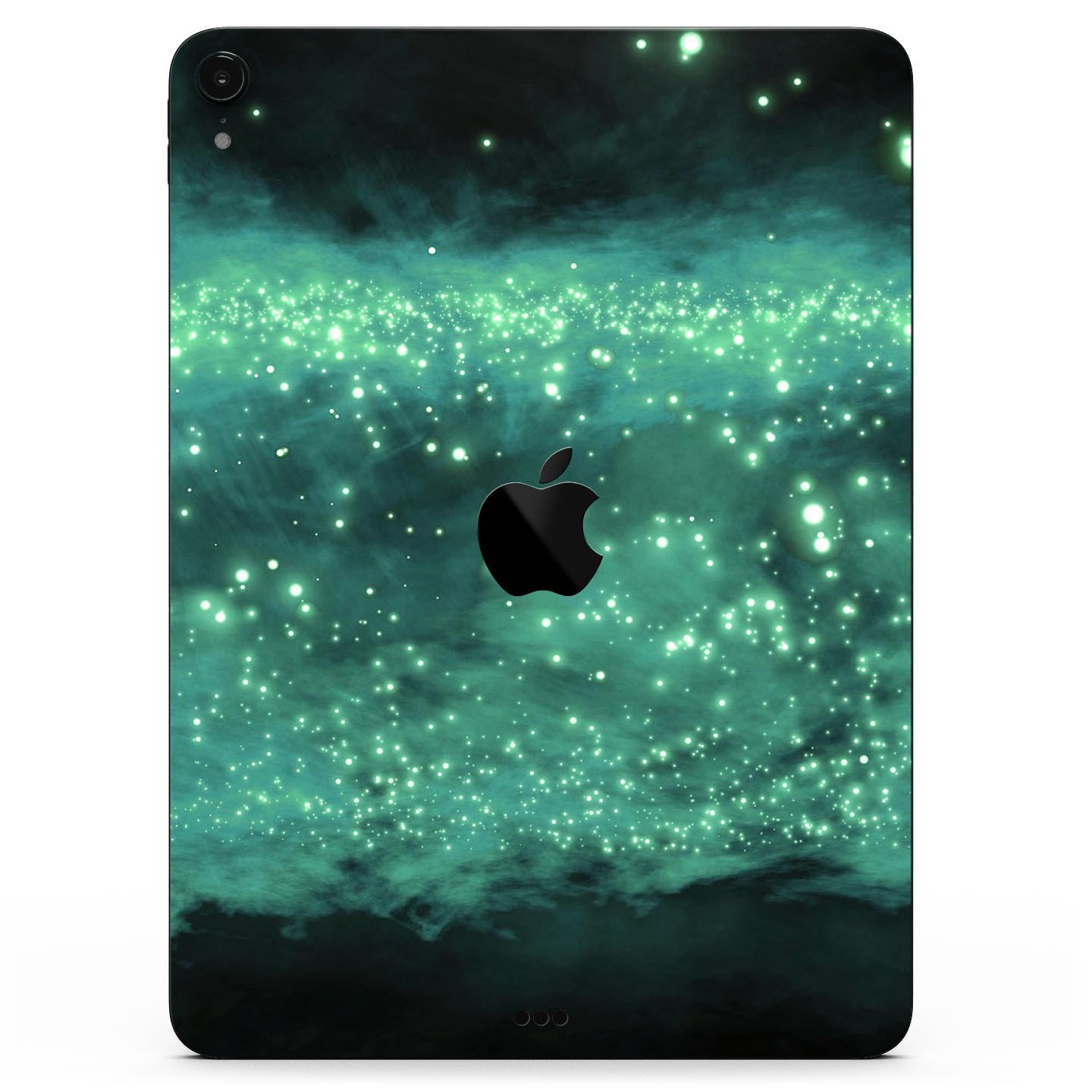 Glowing Green Orbs of Light skin decal applied on an Apple iPad, showcasing vibrant colors and sleek design.