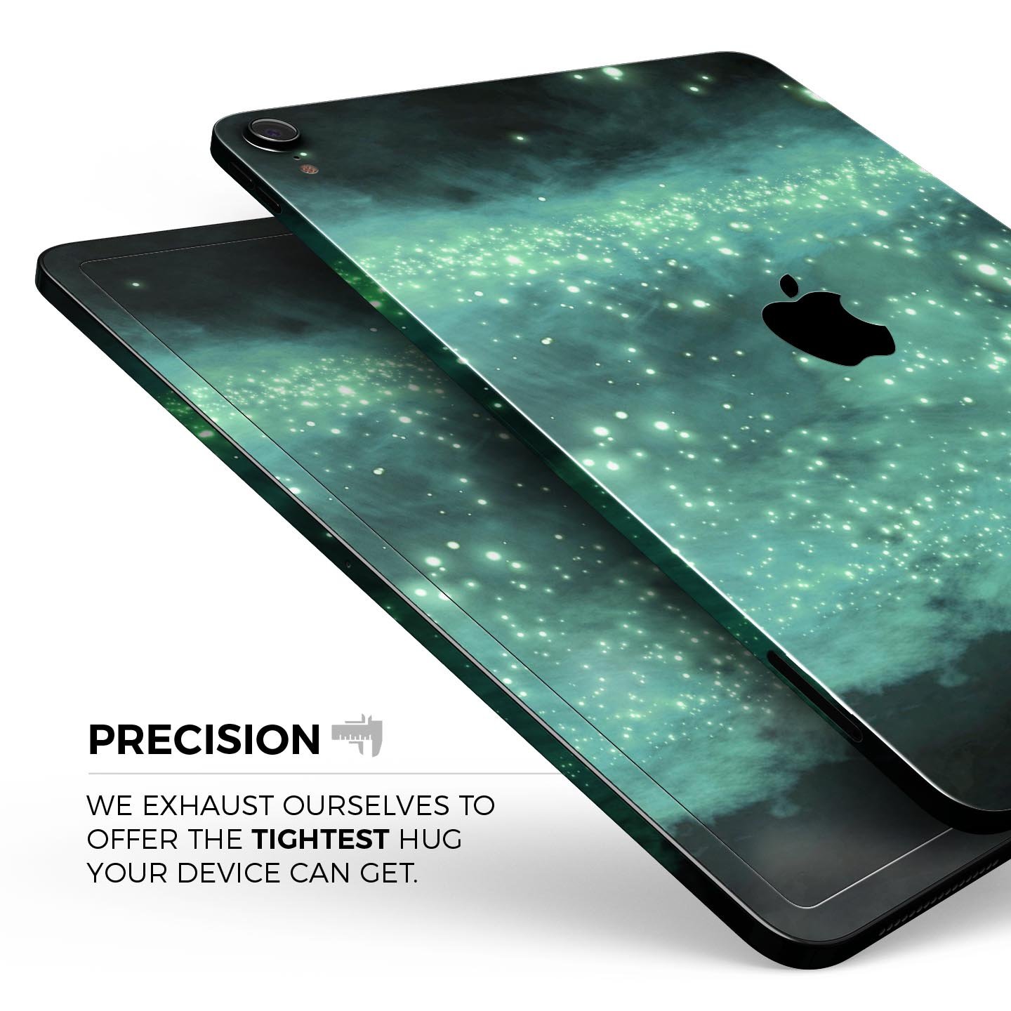 Glowing Green Orbs of Light skin decal applied on an Apple iPad, showcasing vibrant colors and sleek design.