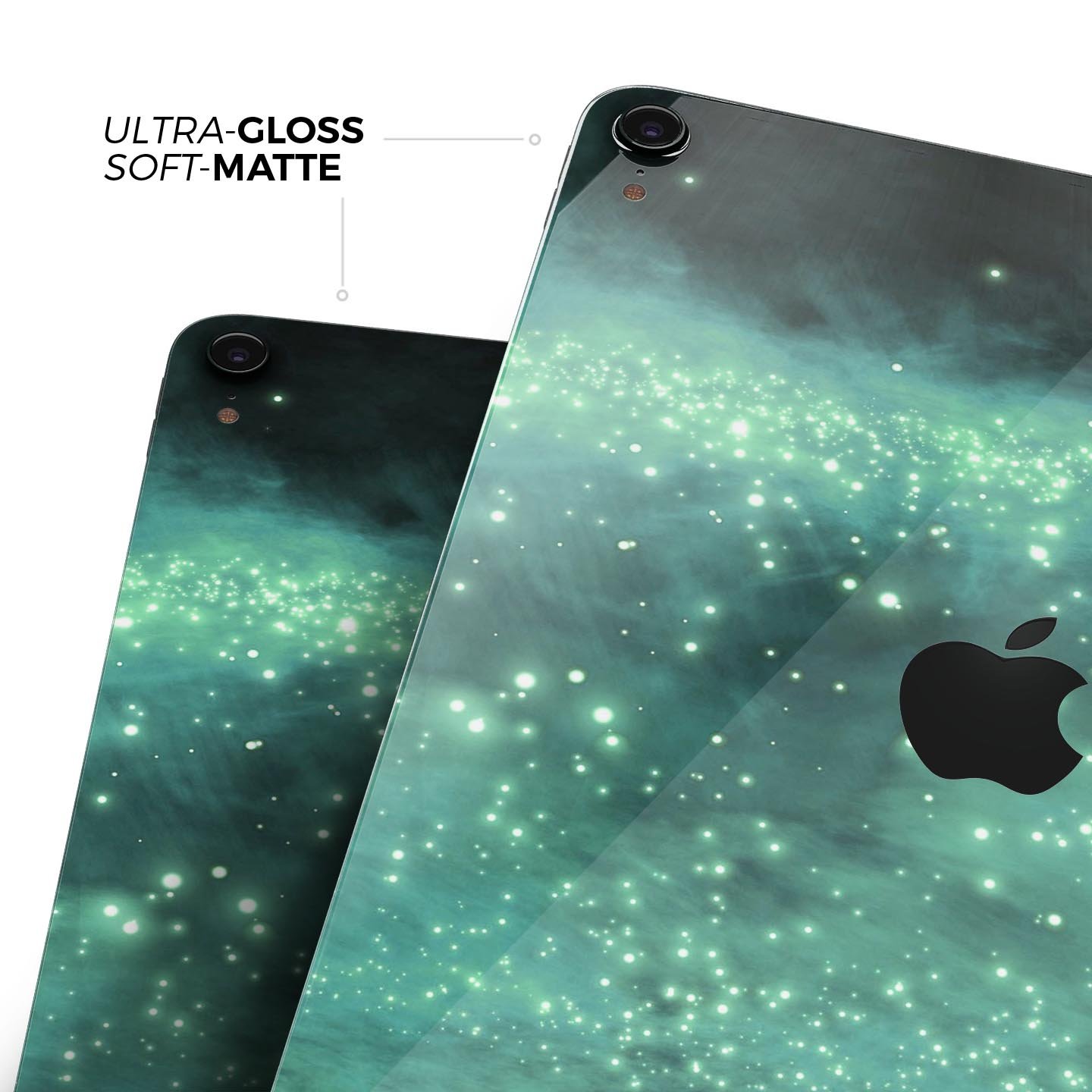 Glowing Green Orbs of Light skin decal applied on an Apple iPad, showcasing vibrant colors and sleek design.